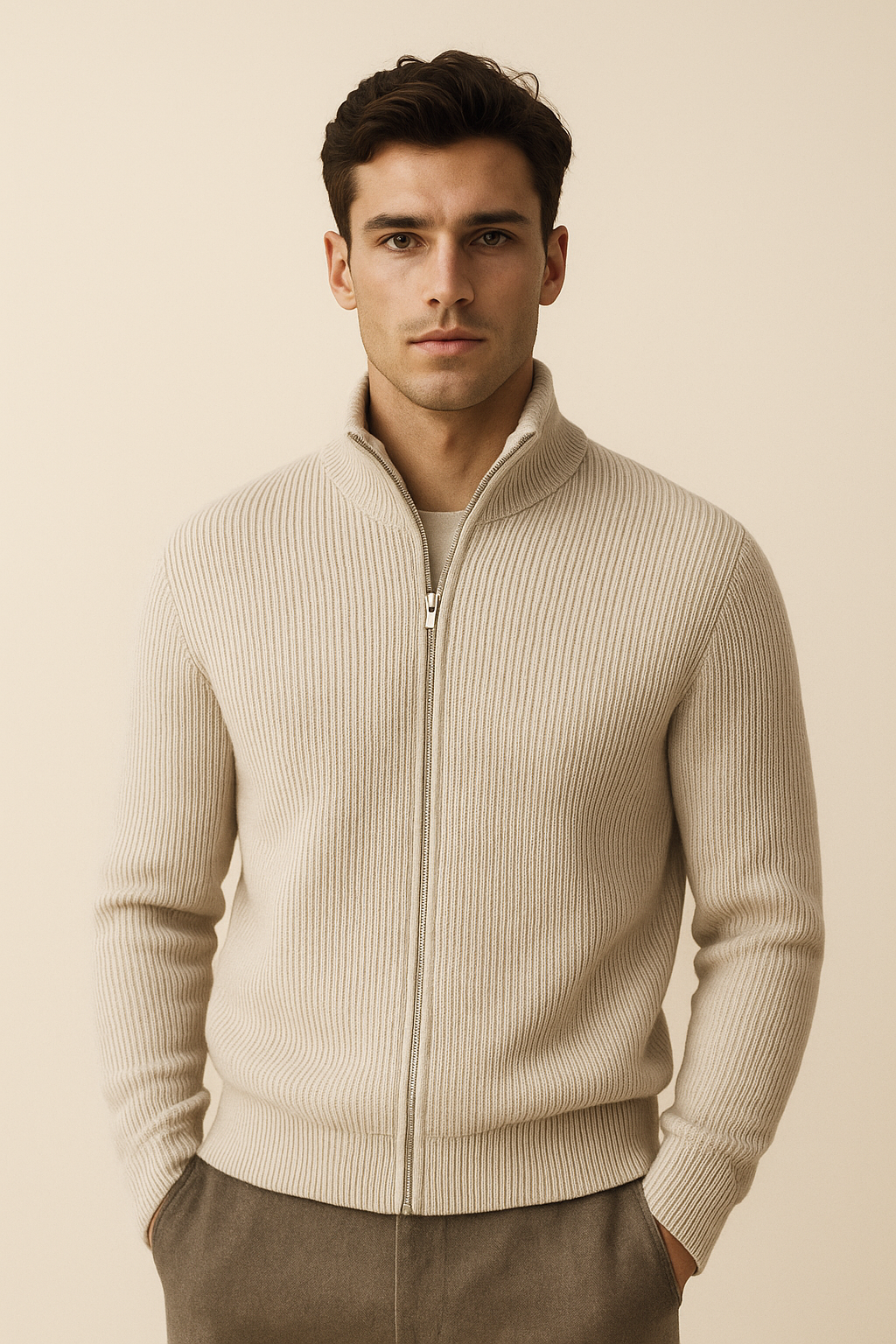 Cream Nobile cashmere cardigan by Emiral Couture, featuring a minimalist design and soft texture, displayed elegantly.
