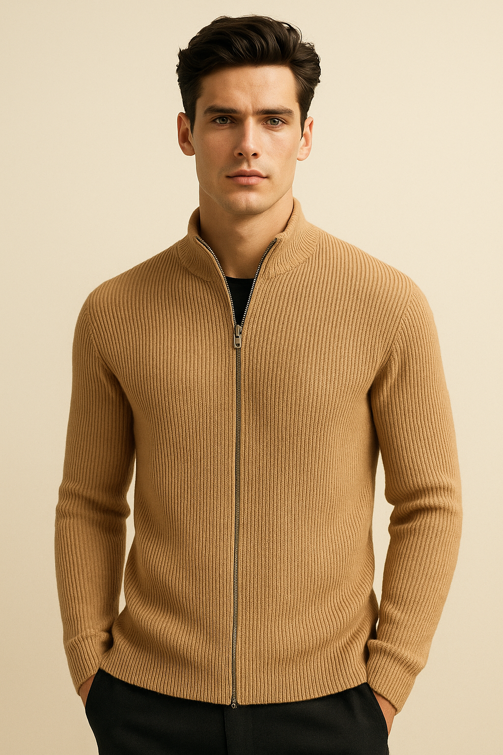 Khaki Nobile cashmere cardigan by Emiral Couture, featuring a minimalist design and soft, luxurious texture.