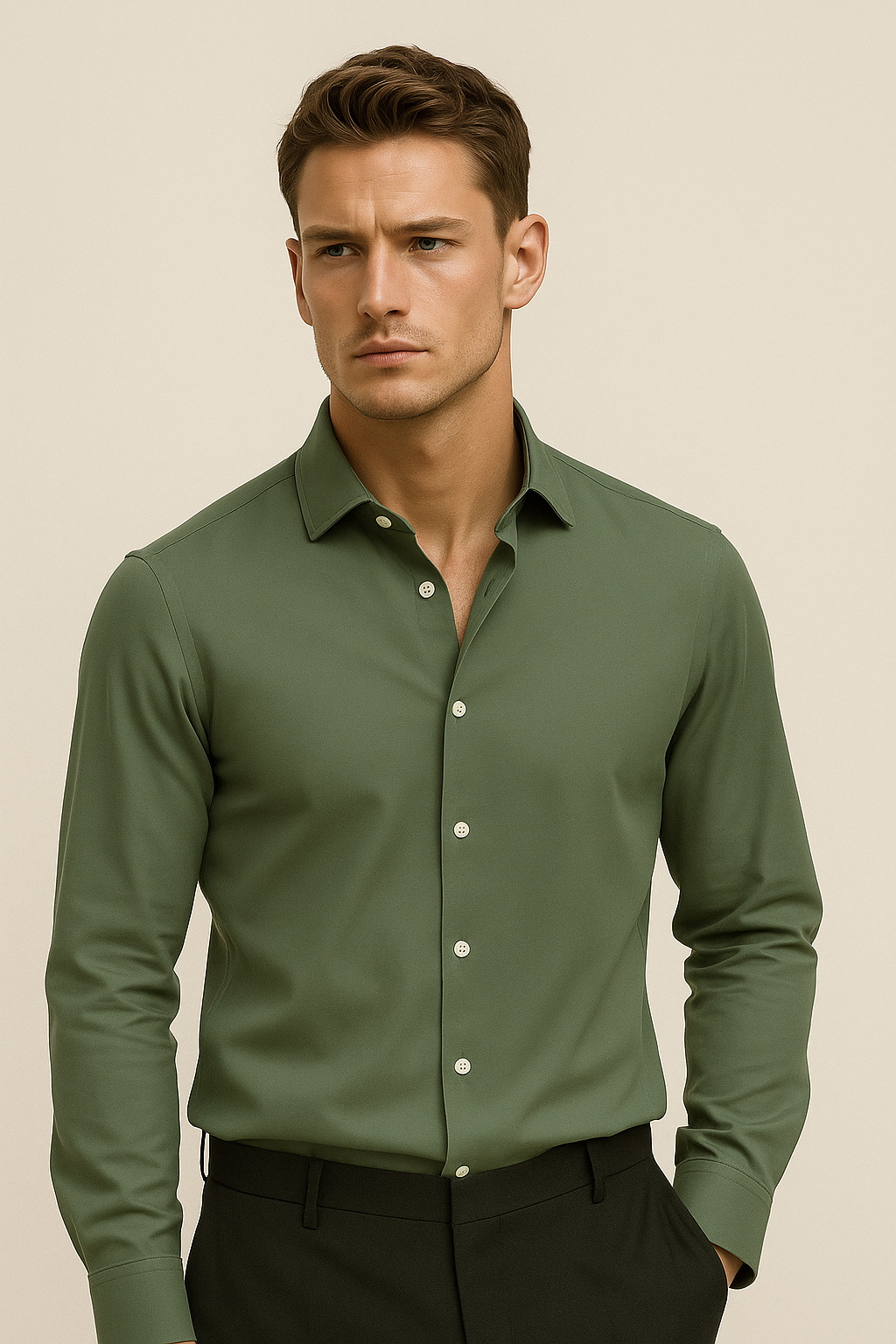 Olive green Emiral Couture cotton shirt, featuring a minimalist design and tailored fit, displayed on a neutral background.