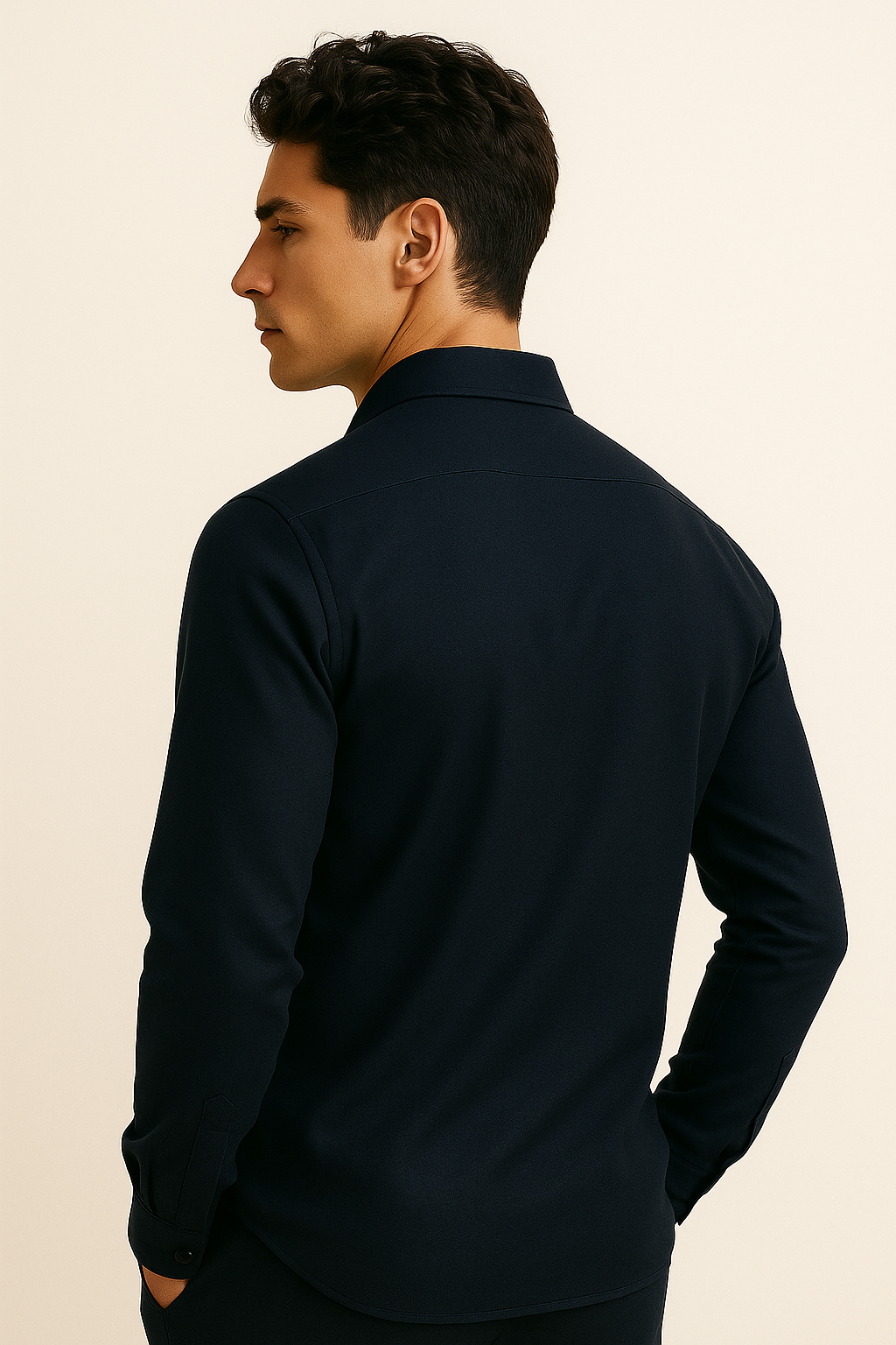 Navy Firenze cotton shirt by Emiral Couture featuring a sleek, minimal design and elegant cut.