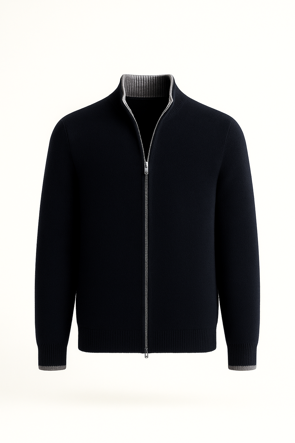 Navy zip cardigan by Emiral Couture featuring a sleek design and modern fit, perfect for layering in cooler weather.