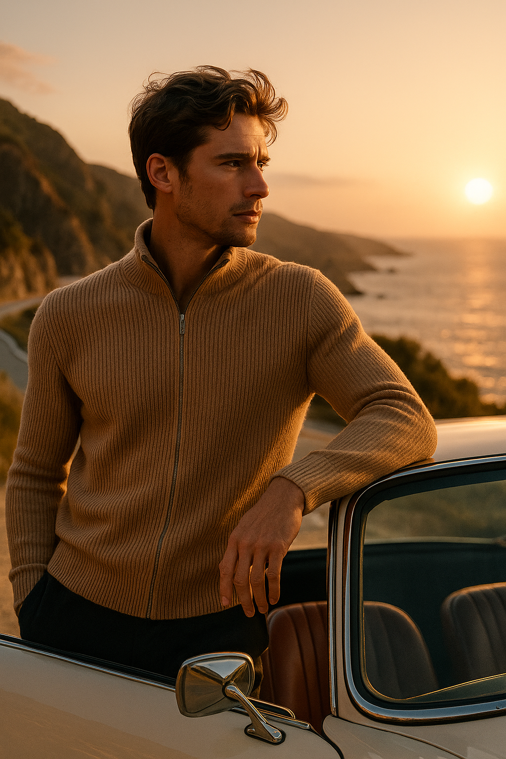 Khaki Emiral Couture cashmere cardigan with a relaxed fit and elegant design, perfect for layering in cooler weather.
