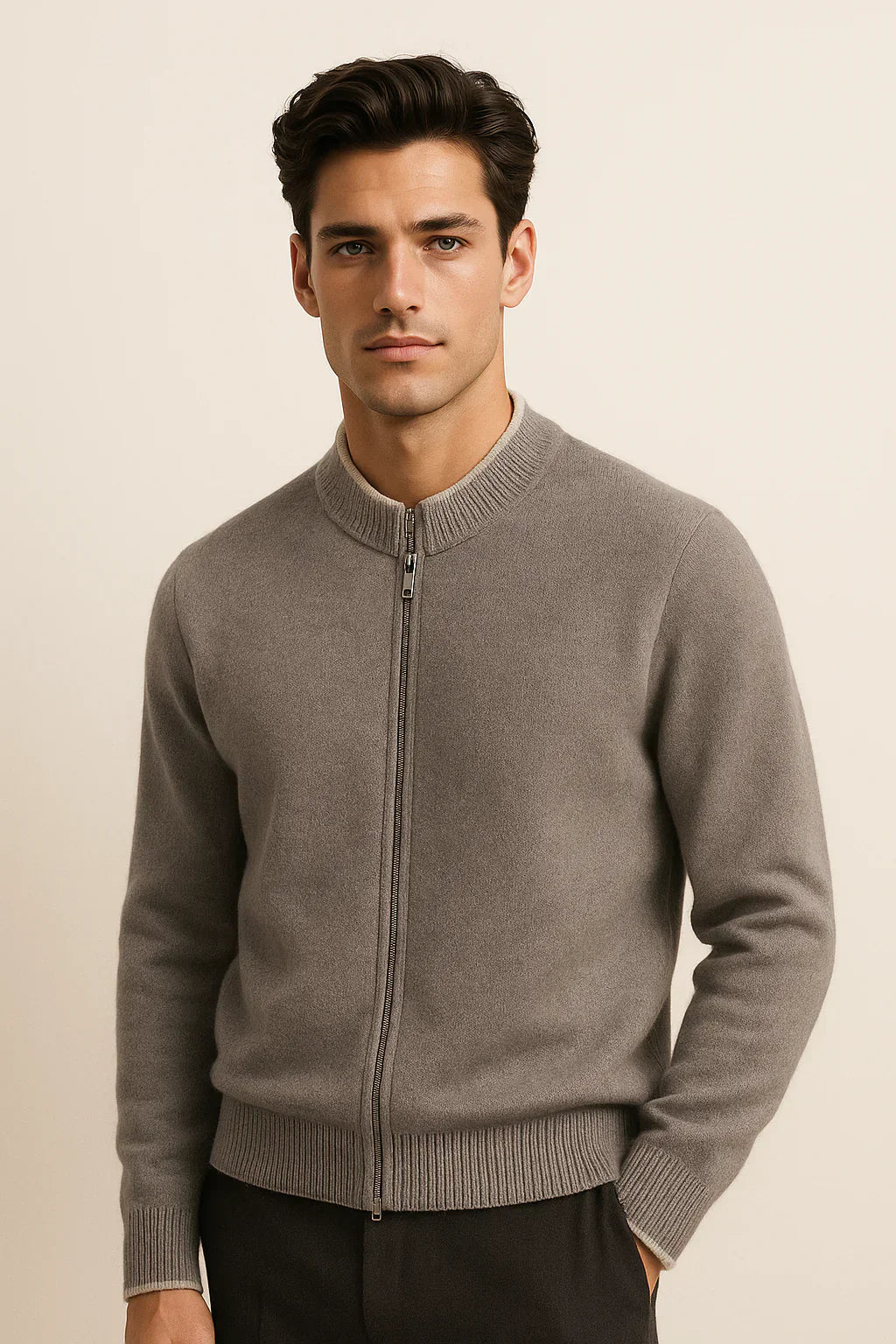 Beige classic half zip sweater by Emiral Couture featuring a stylish gray zipper and soft fabric texture.