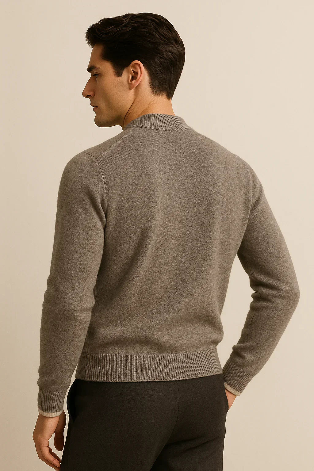 Beige classic half zip cashmere jacket by Emiral Couture with detailed stitching and a soft, textured finish.