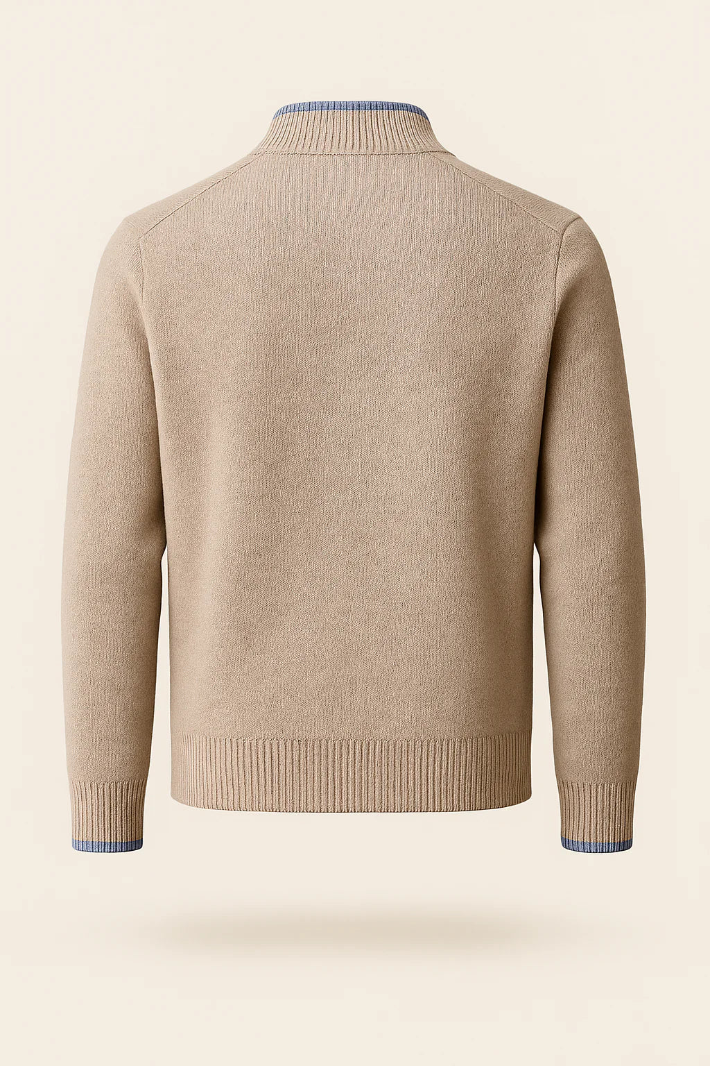 Beige classic half zip cashmere sweater by Emiral Couture with detailed stitching and soft texture.