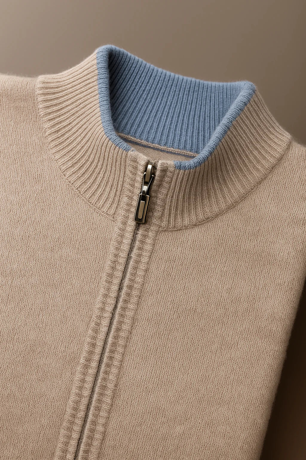 Beige classic half zip cardigan by Emiral Couture featuring a stylish collar and soft textured fabric.