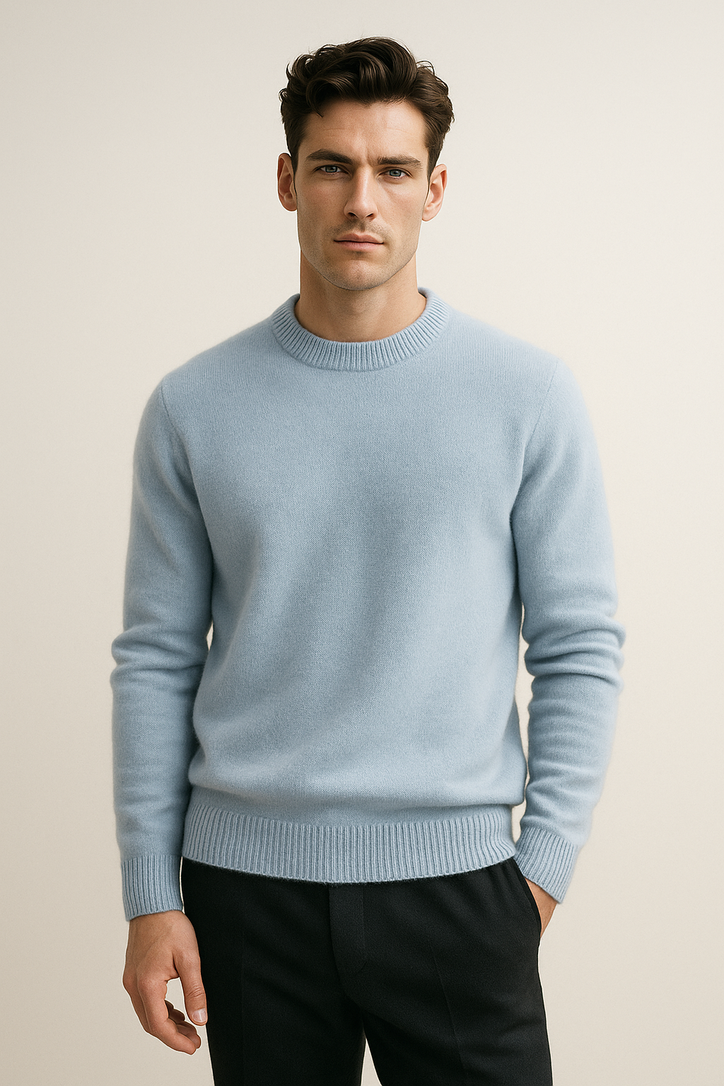 Light blue cashmere knit sweater by Emiral Couture, featuring a cozy, elegant design.