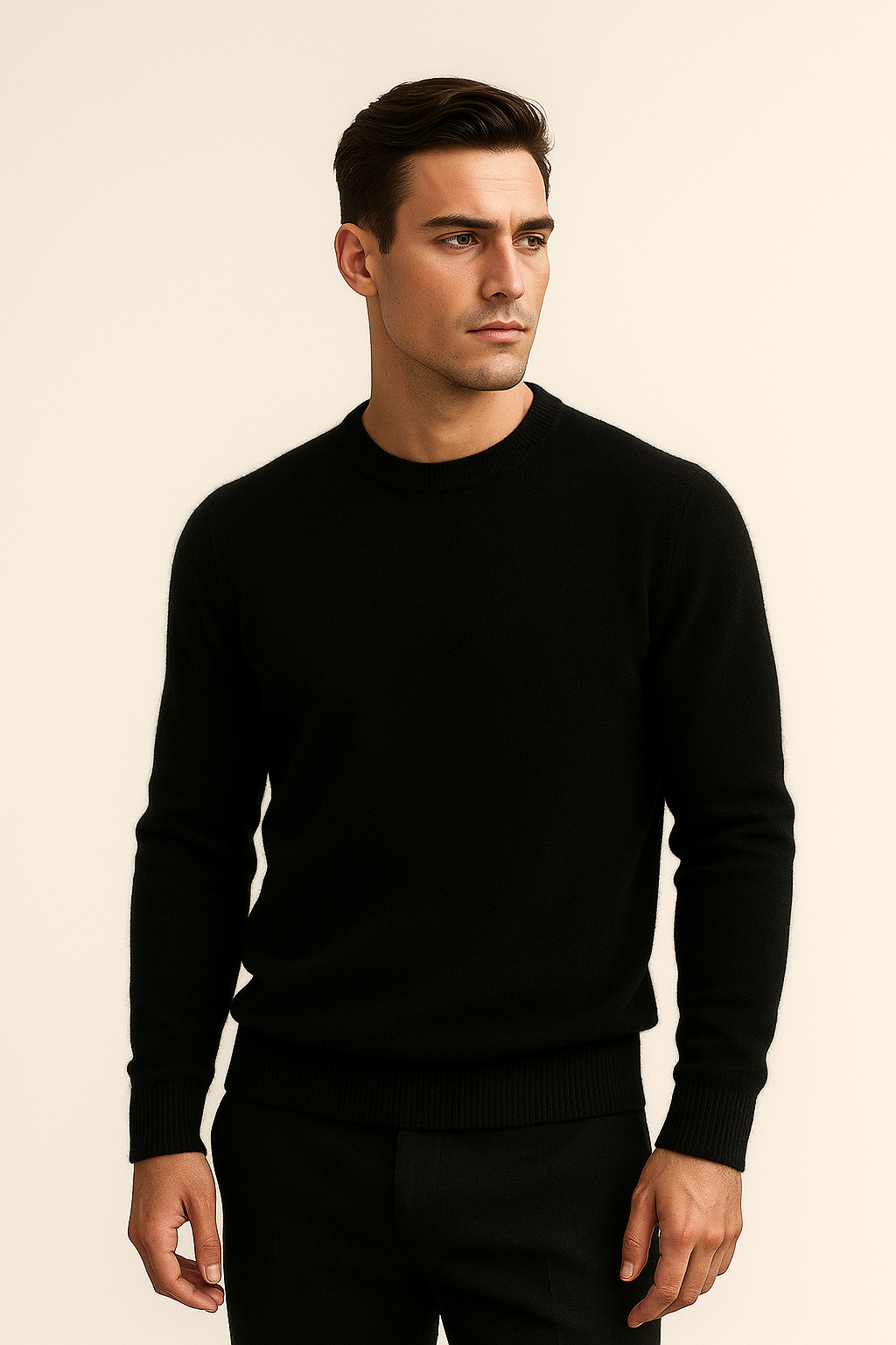 Black cashmere knit sweater by Emiral Couture, featuring a classic design and soft texture.