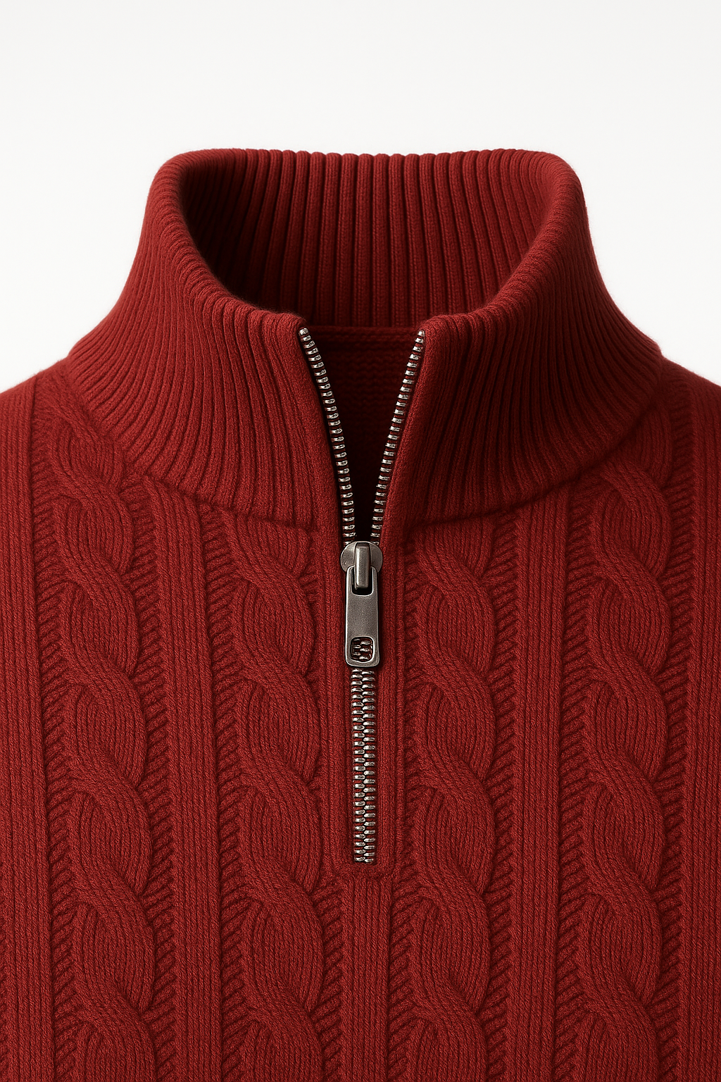 Burgundy cable knit sweater made of soft Merino wool by Emiral Couture, featuring a cozy, textured design.