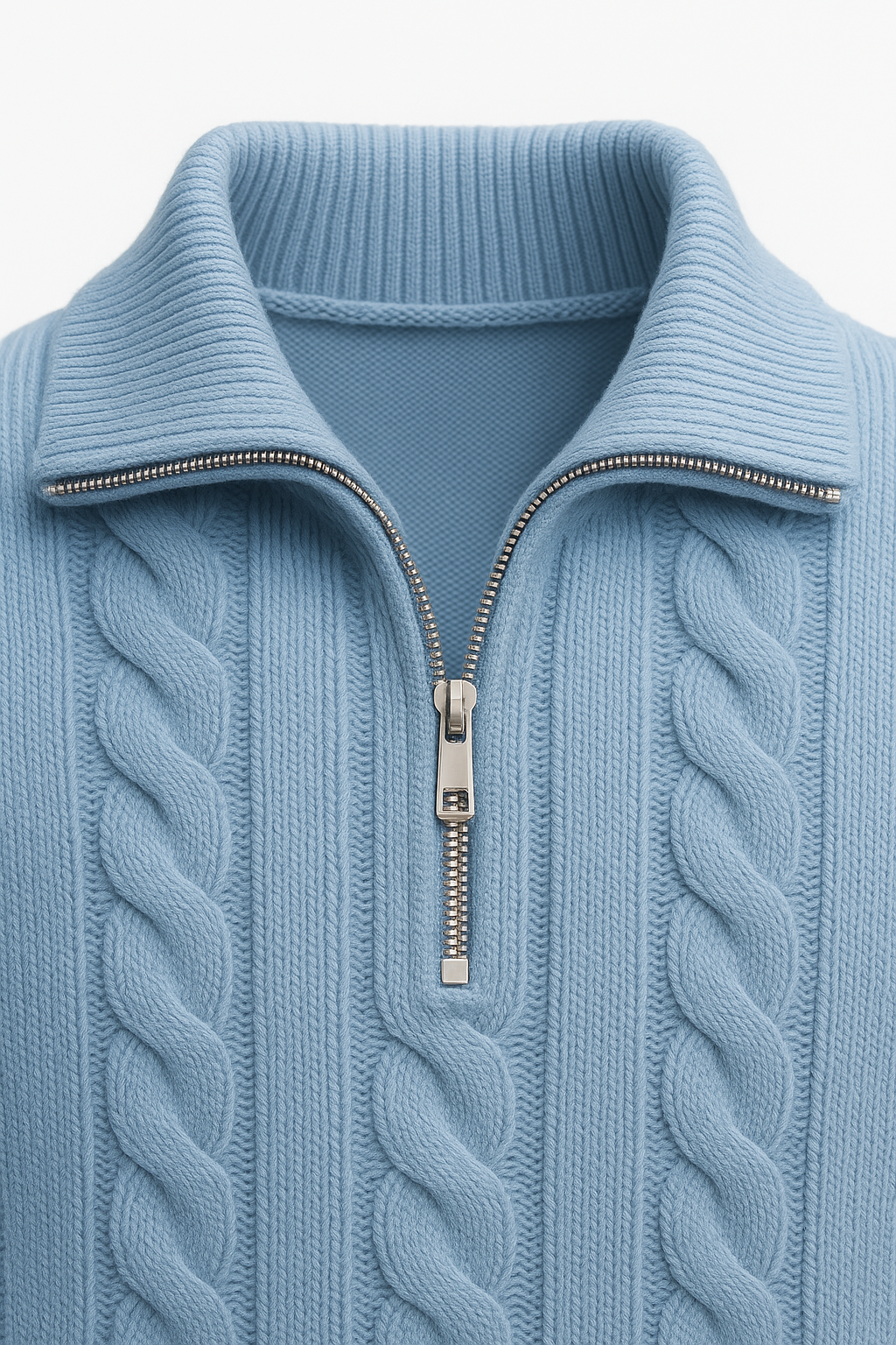 Light blue cable knit merino wool sweater by Emiral Couture, featuring a cozy texture and stylish design.