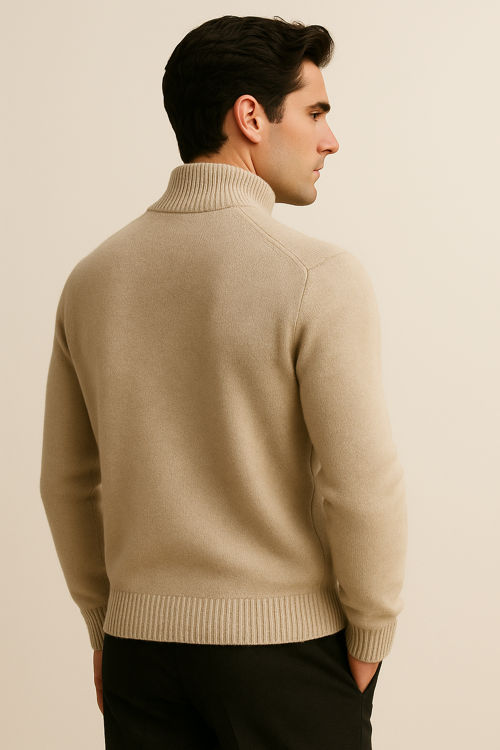 Emiral Couture sand-colored cashmere cardigan, elegantly modeled with a soft texture and relaxed fit.
