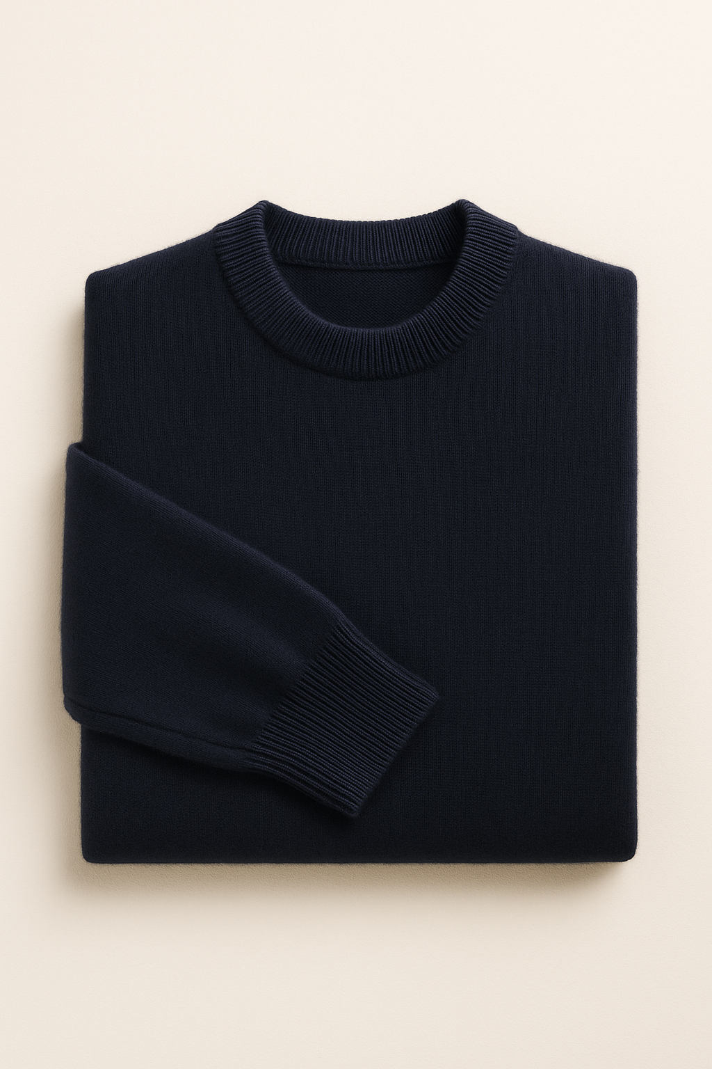 Emiral Couture navy cashmere knit sweater featuring a luxurious texture and classic design.