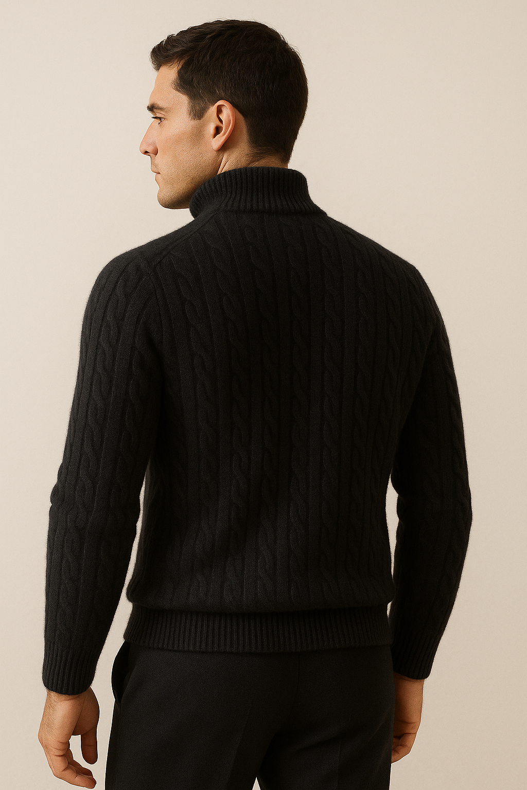 Emiral Couture black cashmere half-zip knit sweater with a soft texture and elegant design.