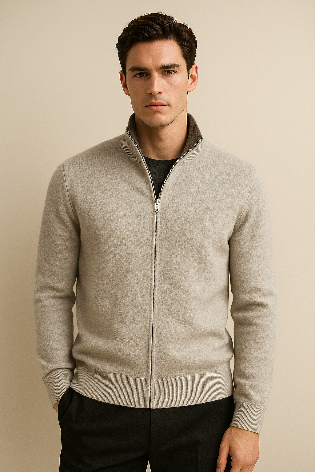 Emiral Couture reversible cashmere zip knit sweater in grey and dark grey, showcasing a luxurious and versatile design.