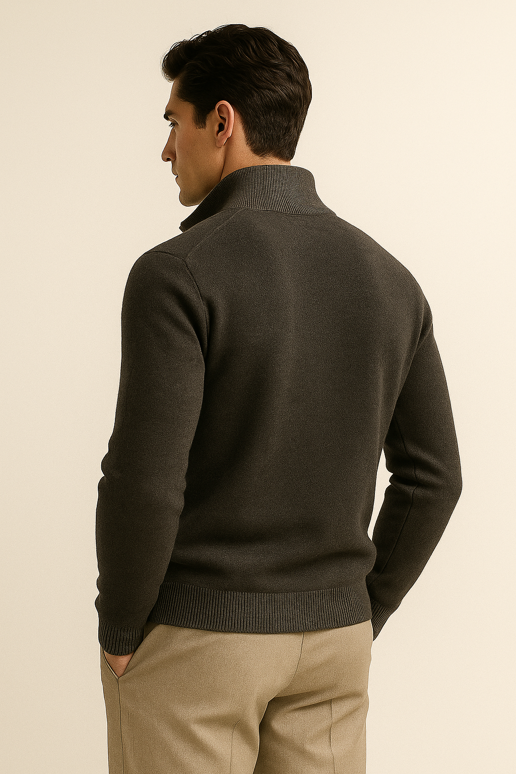 Emiral Couture reversible cashmere zip knit sweater in grey and dark grey, featuring a stylish and cozy design.
