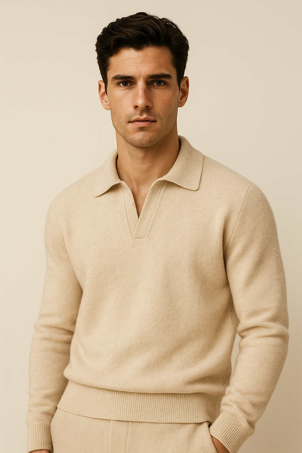 Marencio Cashmere Polo Knit Oatmeal - Emiral Couture