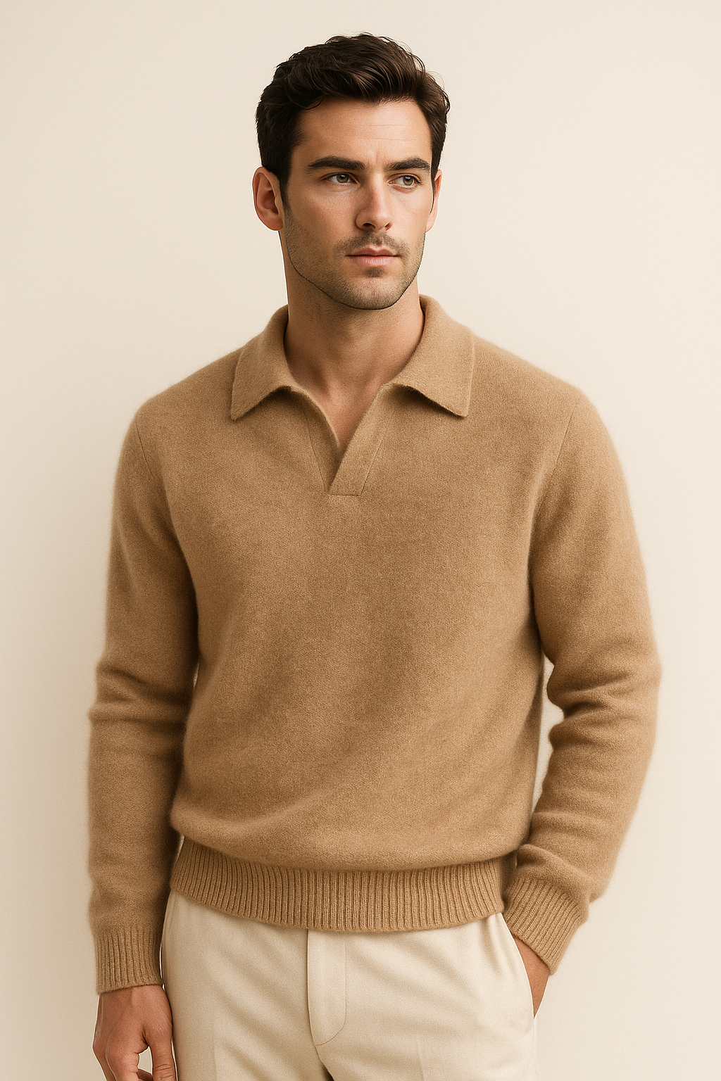 Light brown cashmere polo sweater by Emiral Couture, featuring a classic knit design and elegant, soft texture.