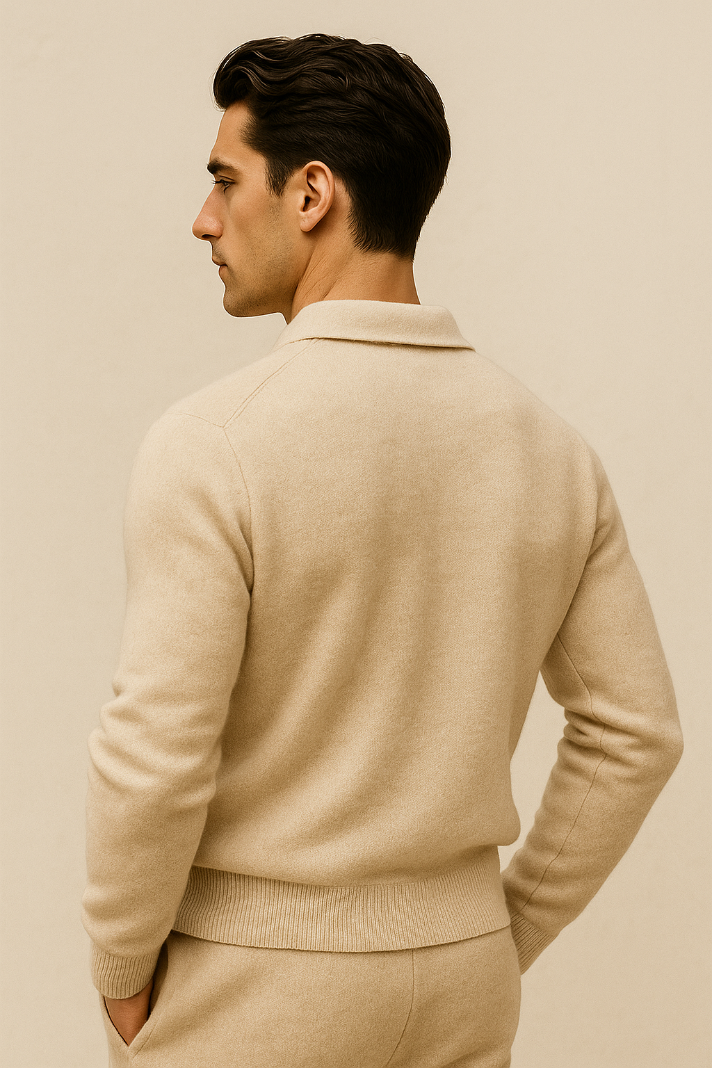 Oatmeal-colored cashmere polo knit sweater by Emiral Couture, featuring a classic collar and soft texture.
