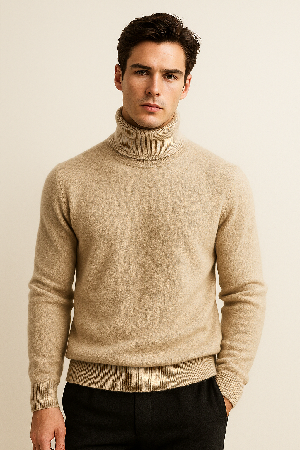 Beige Carezza cashmere turtleneck sweater by Emiral Couture, showcasing a soft texture and elegant design.