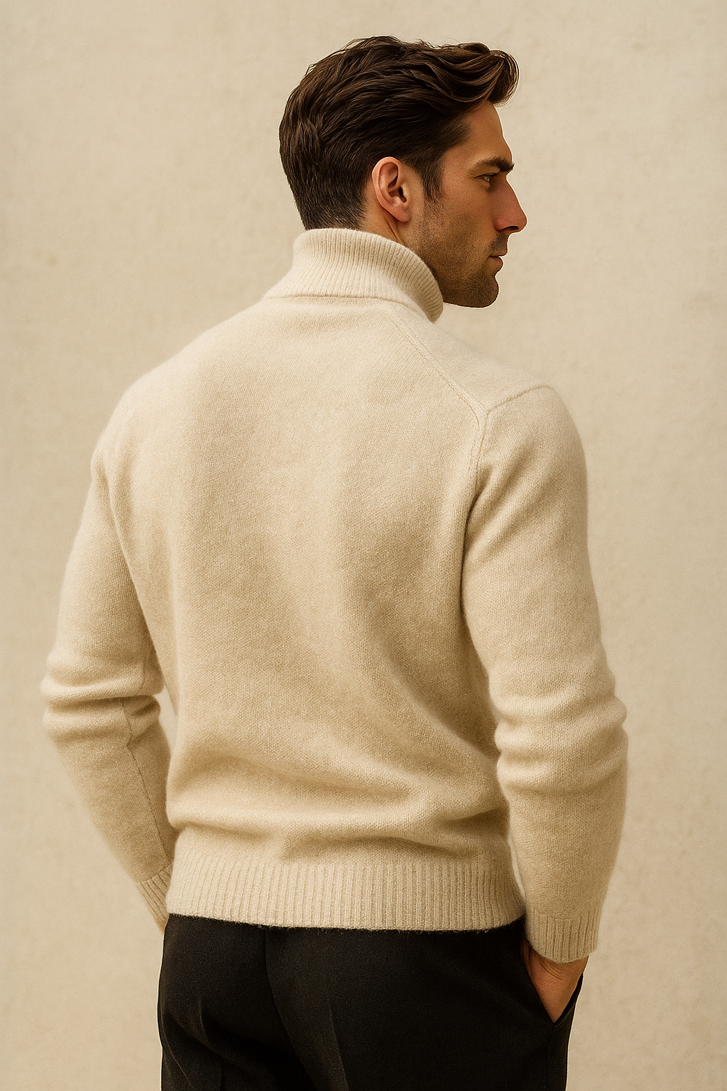 Emiral Couture ivory cashmere turtleneck sweater with a soft, luxurious texture and elegant design.