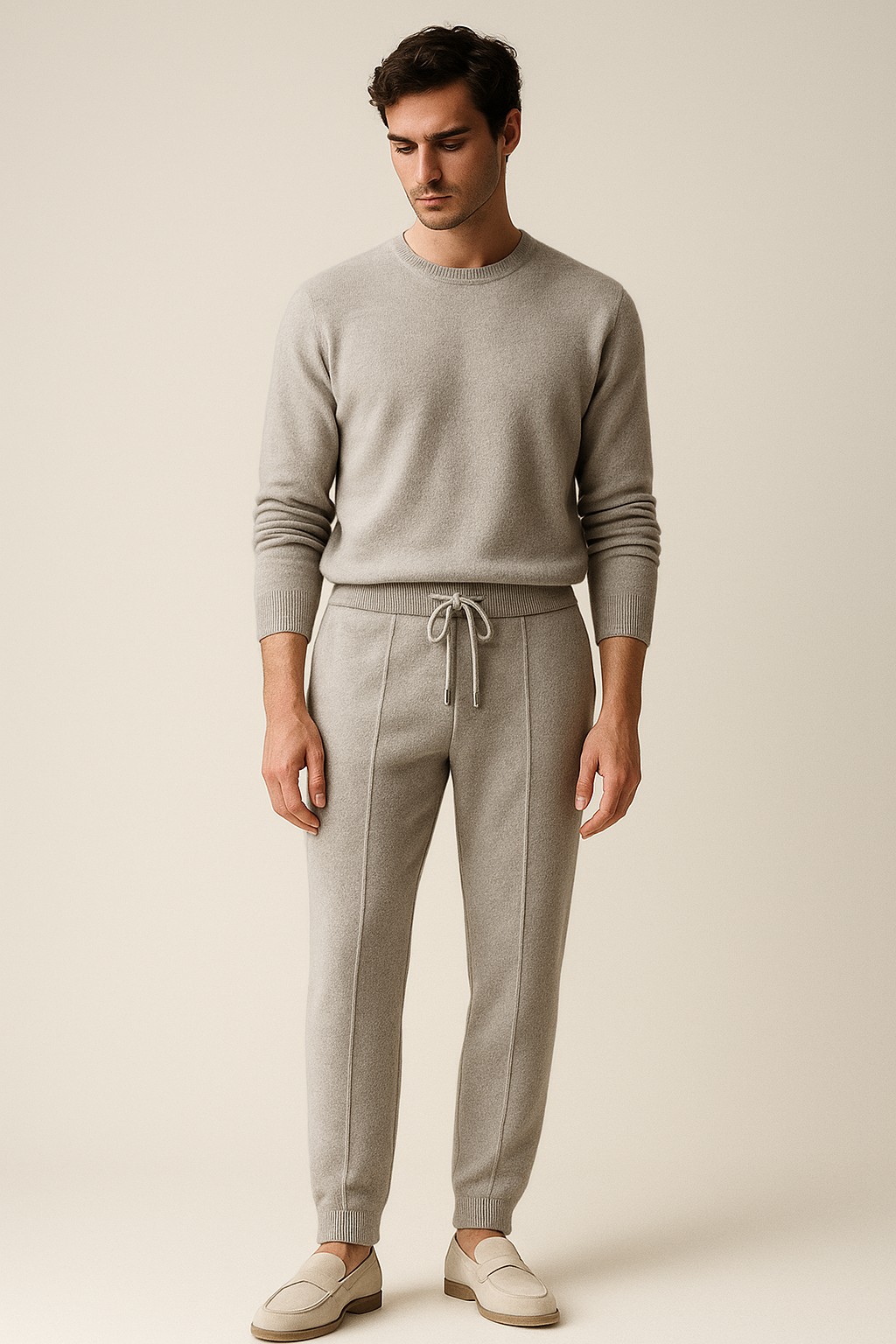 Grey cashmere trousers by Emiral Couture with a tailored fit and soft texture, perfect for elevated casual style.
