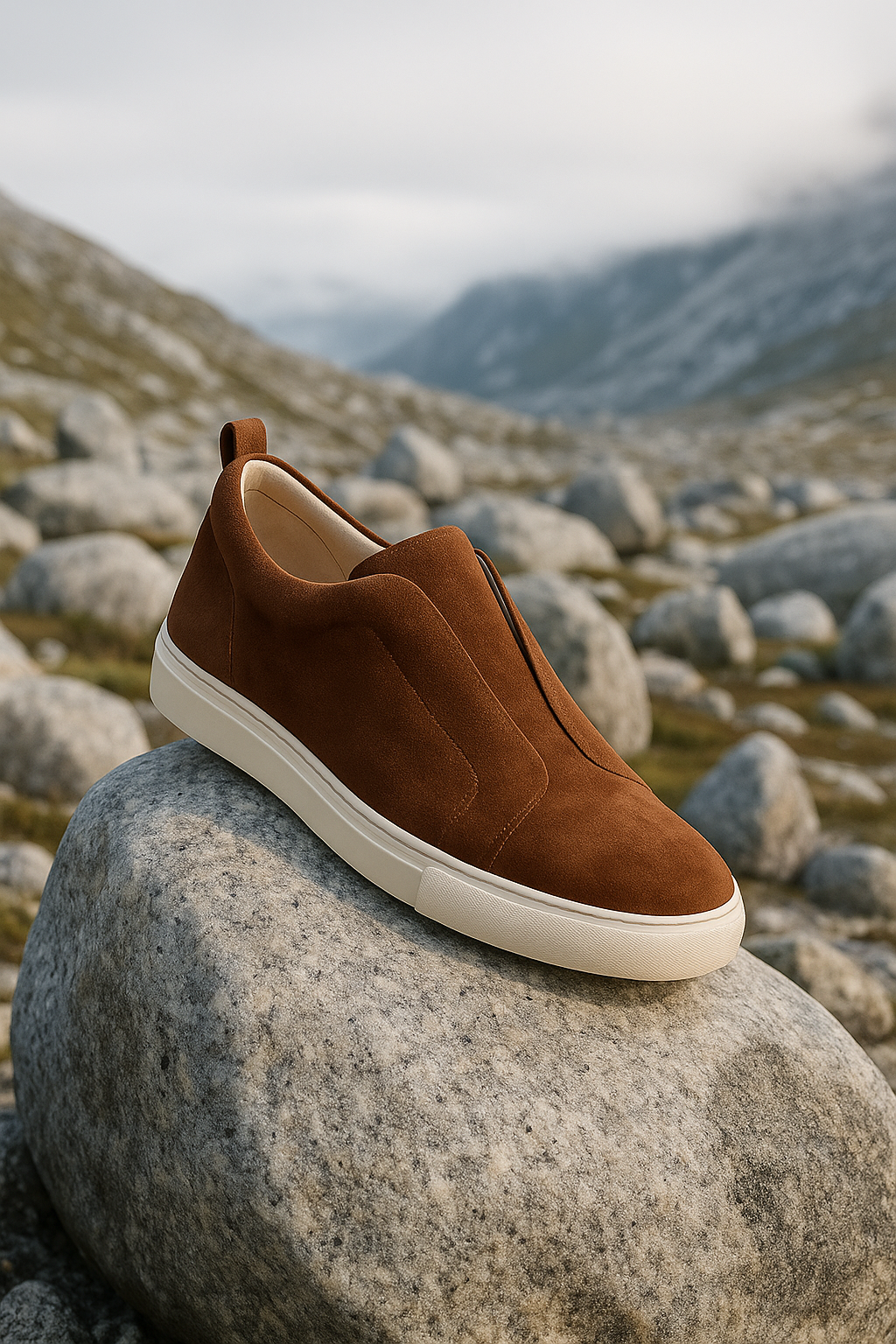 Brown suede slip-on sneakers from Emiral Couture displayed on a neutral background, showcasing their sleek design and texture.