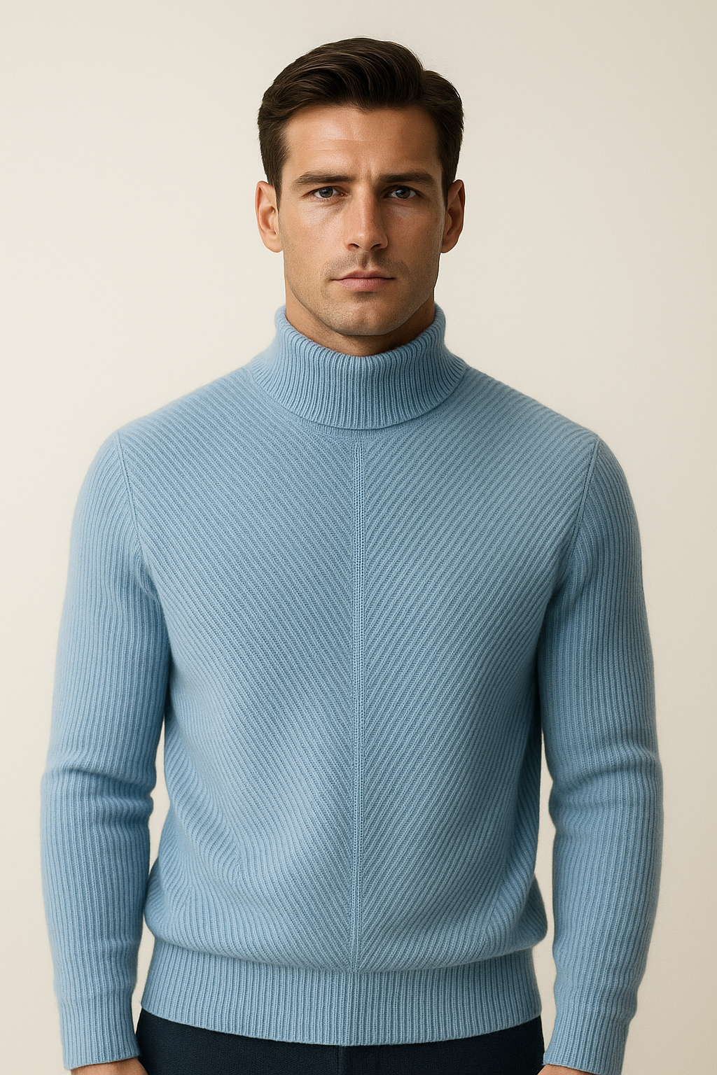 Emiral Couture blue merino wool knit sweater with a luxurious texture and classic design.