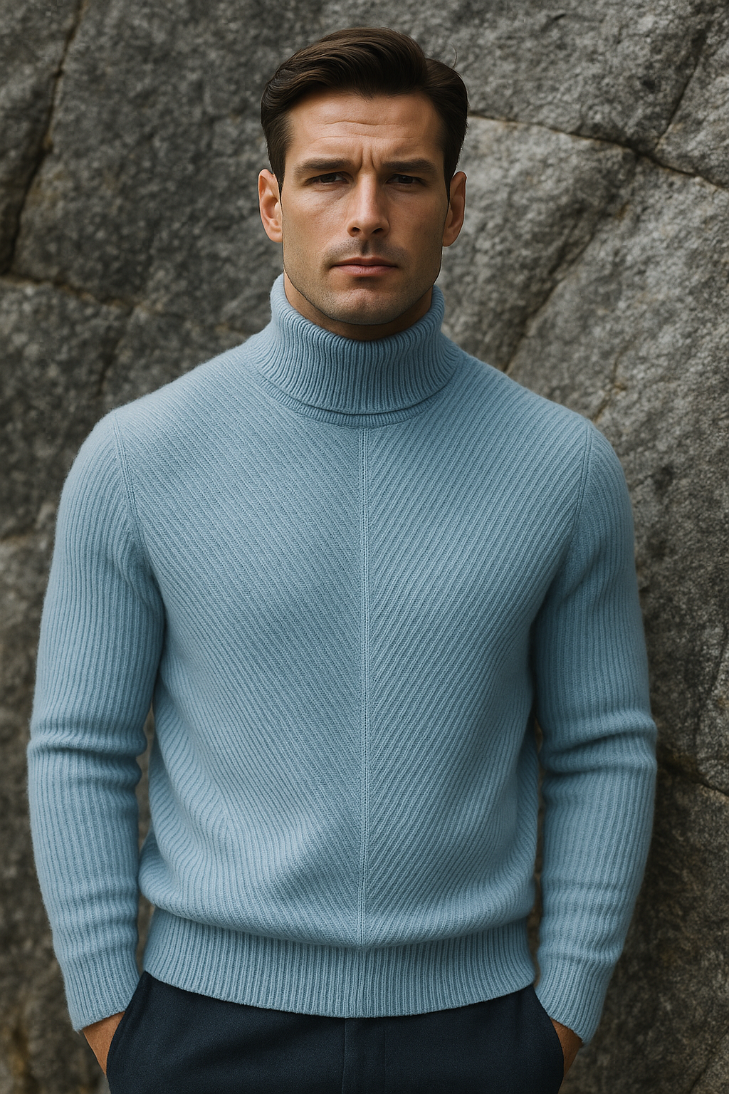 Emiral Couture blue merino wool knit sweater, featuring a cozy design perfect for outdoor wear.