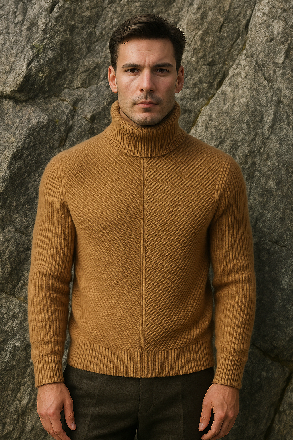Emiral Couture Merino wool knit sweater in camel, featuring a cozy design and elegant silhouette.