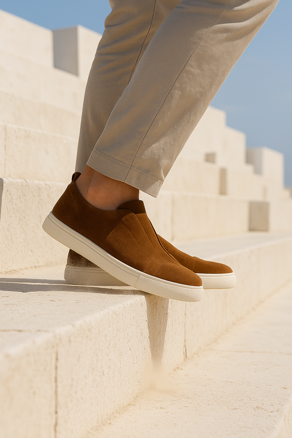 Brown suede slip-on sneakers by Emiral Couture showcasing a sleek design and comfortable fit.