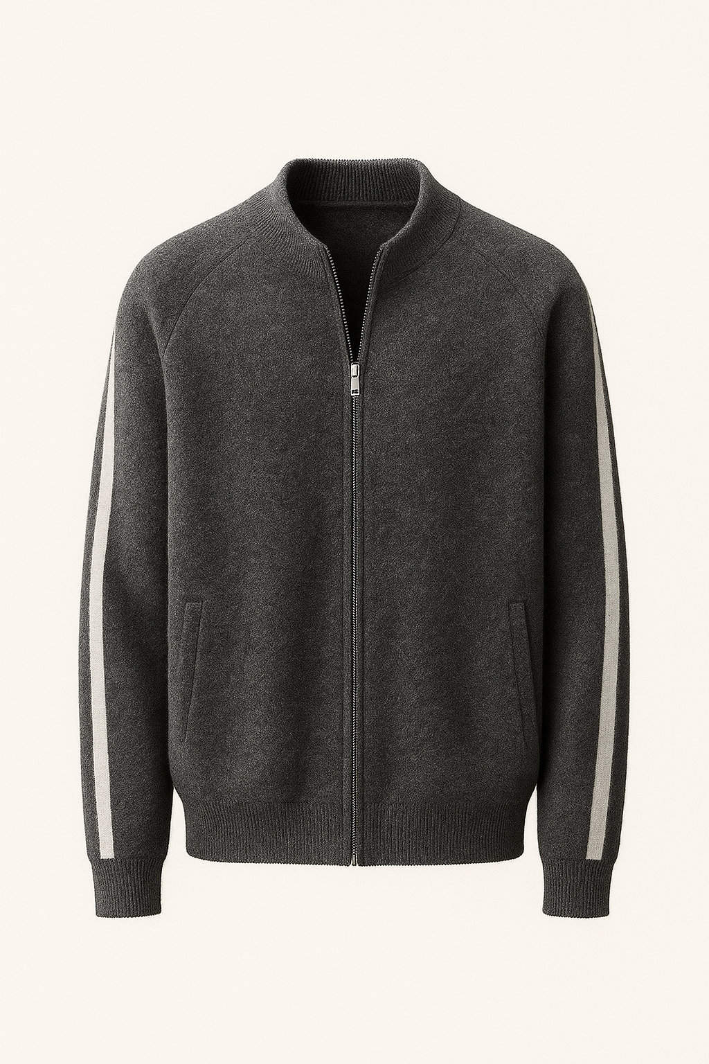 Dark grey Emiral Couture cashmere zip-up sweater with a stylish design and soft texture.