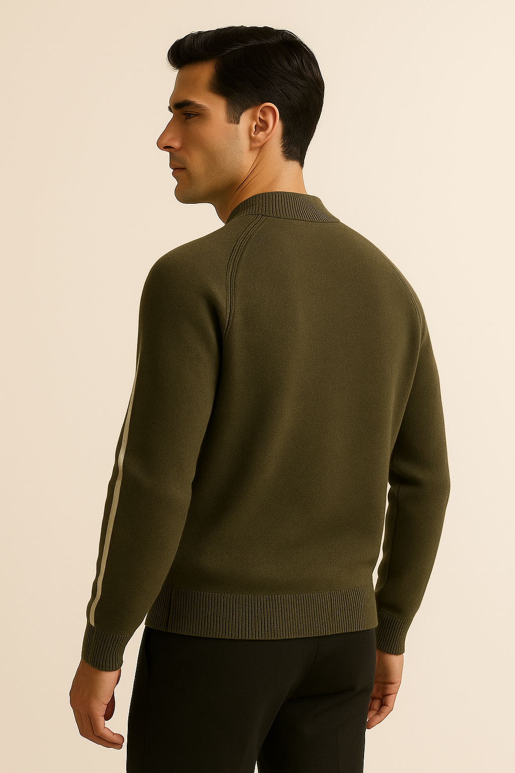 Emiral Couture olive cashmere zip knit sweater with a sophisticated design and soft texture.