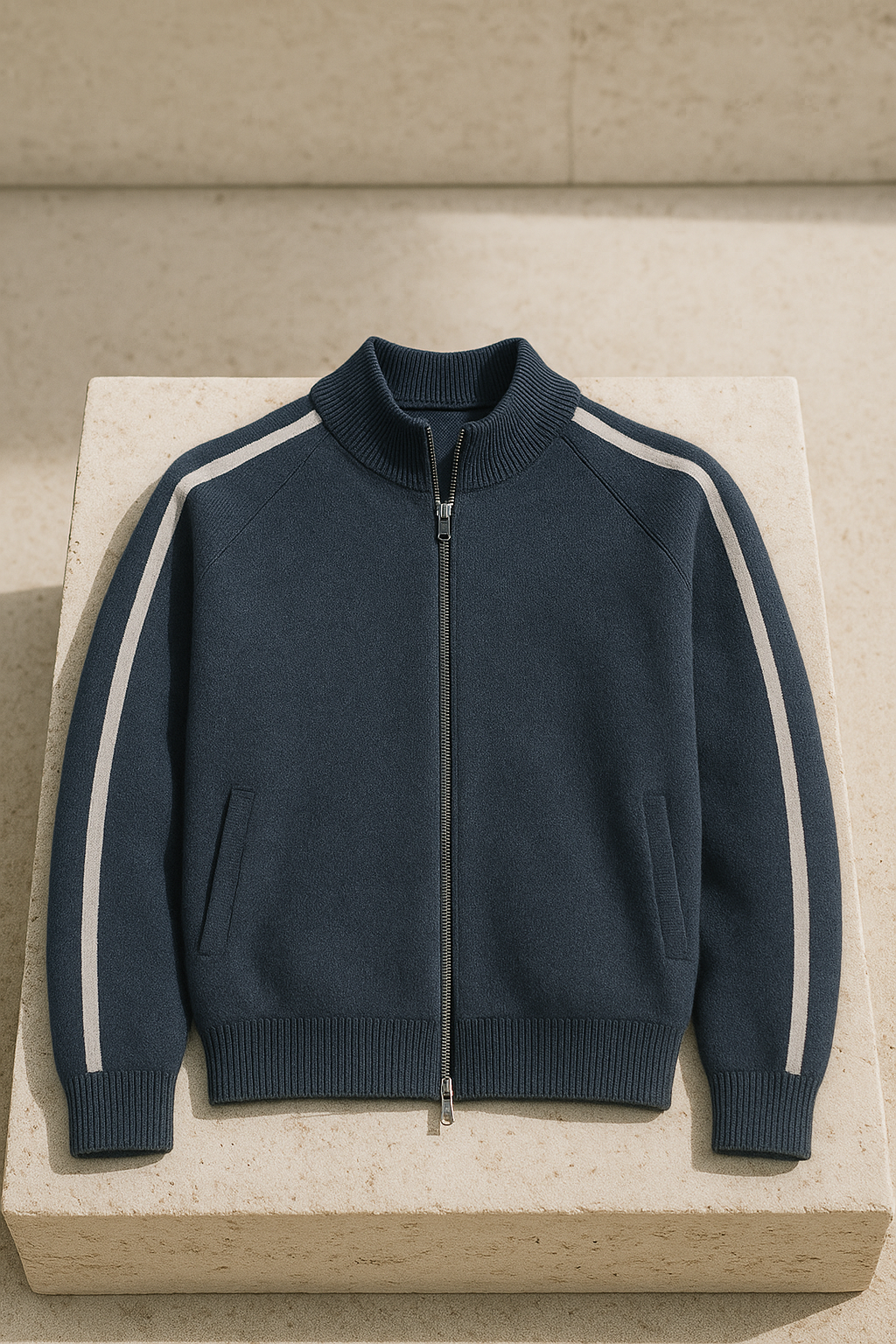 Emiral Couture navy cashmere zip knit sweater displayed elegantly on a mannequin, showcasing soft texture and stylish design.