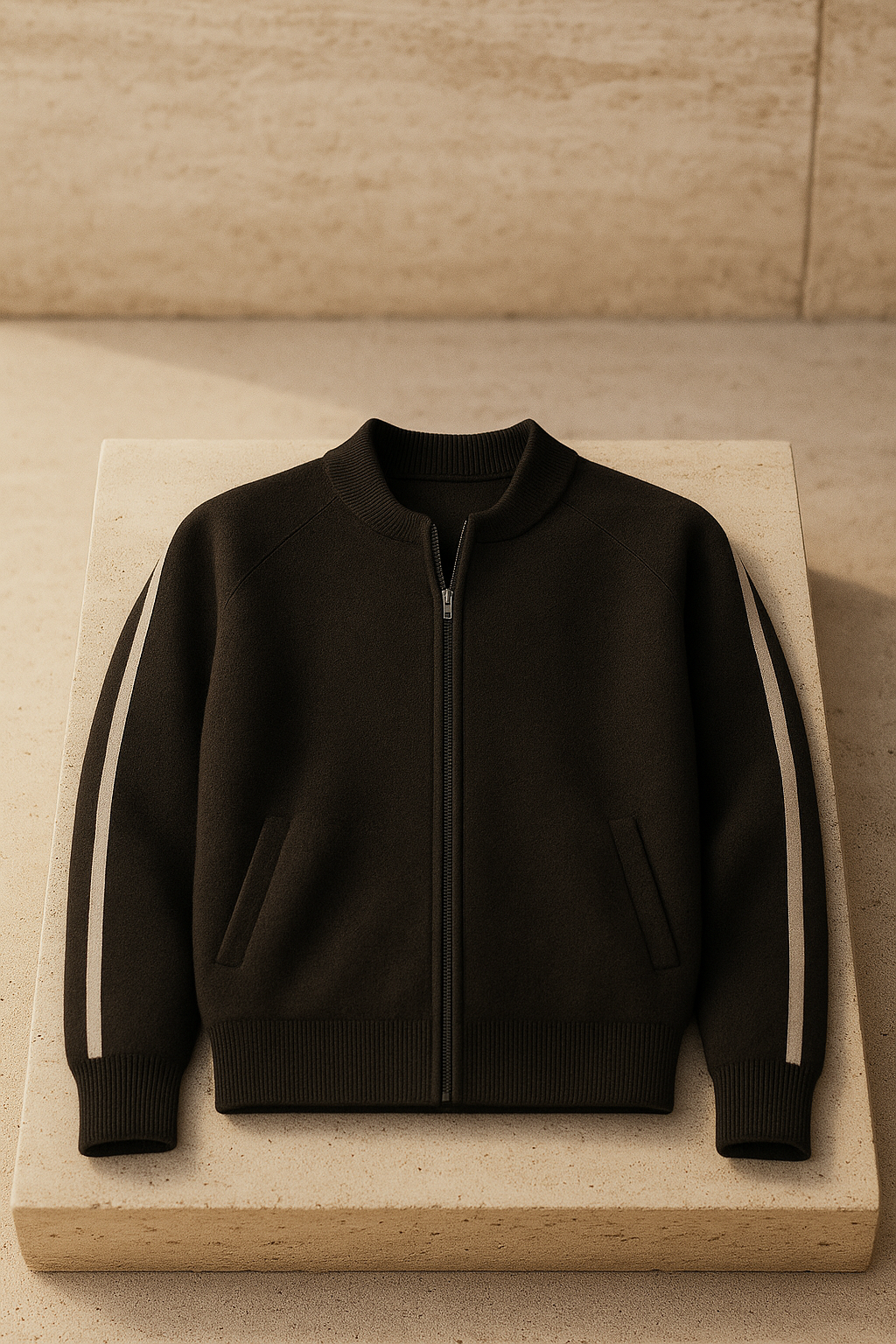 Emiral Couture black cashmere zip knit sweater displayed on a mannequin with a modern design and soft texture.