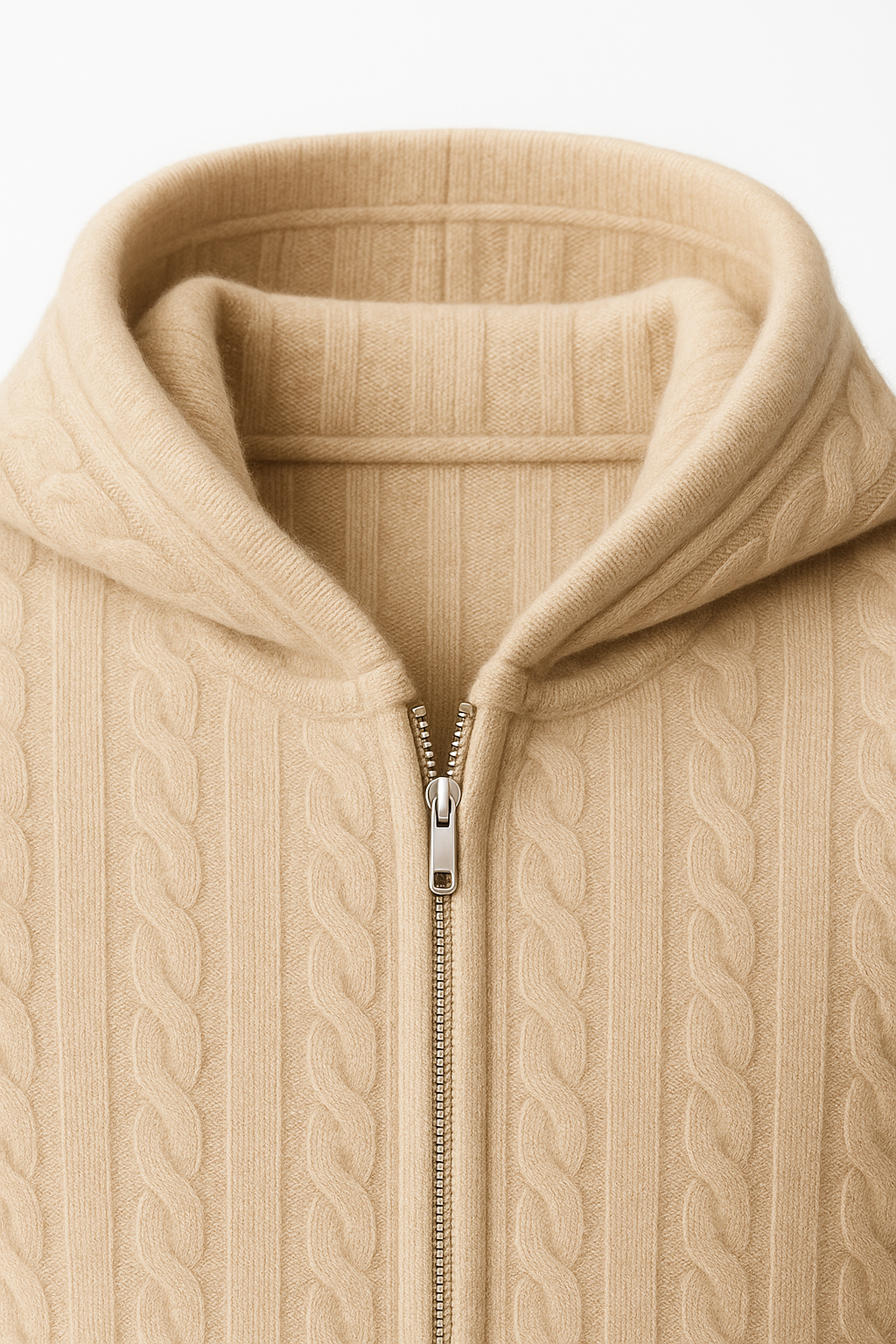 Beige hooded cable knit sweater by Emiral Couture, featuring intricate patterns and a cozy design.