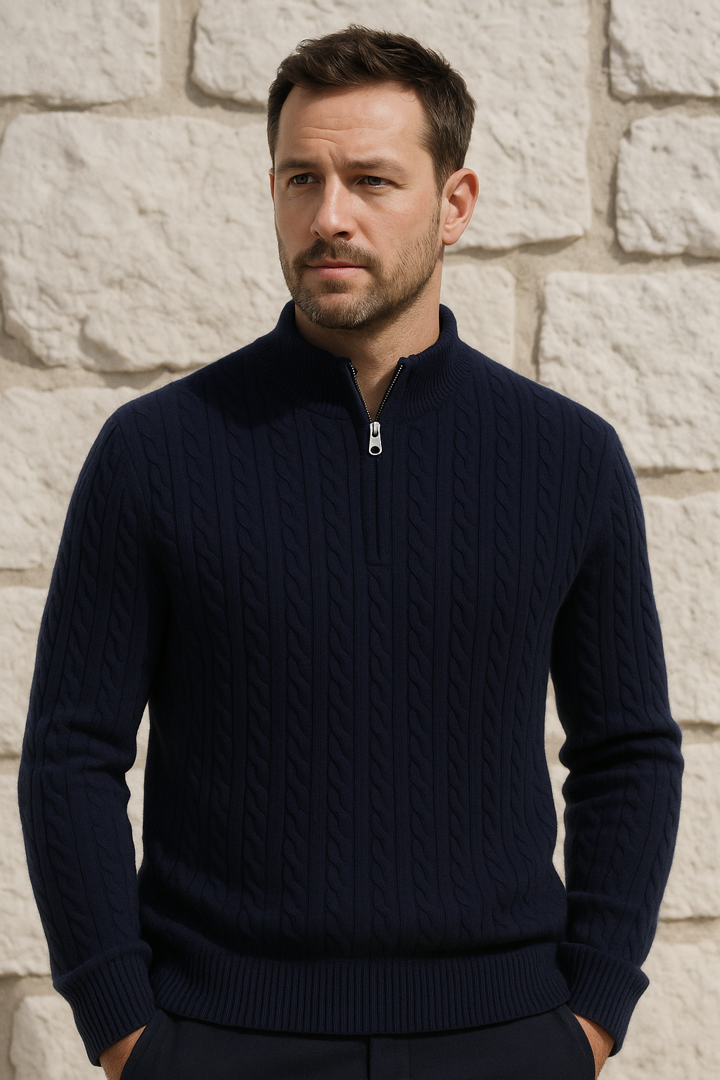 Lerano Cashmere Half-Zip Knit Navy - Emiral Couture