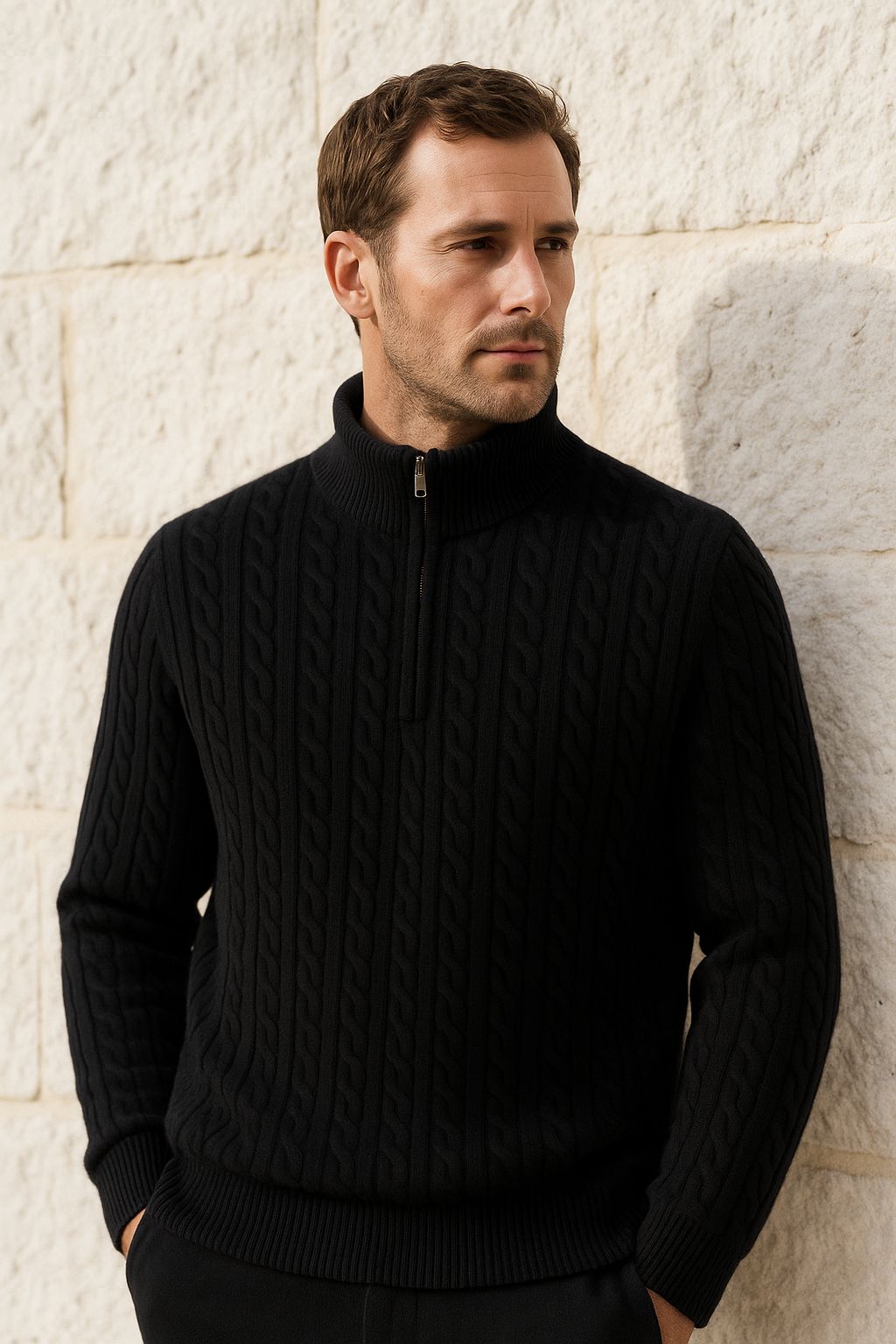 Emiral Couture black cashmere half-zip sweater, featuring a sleek design and soft knit texture.