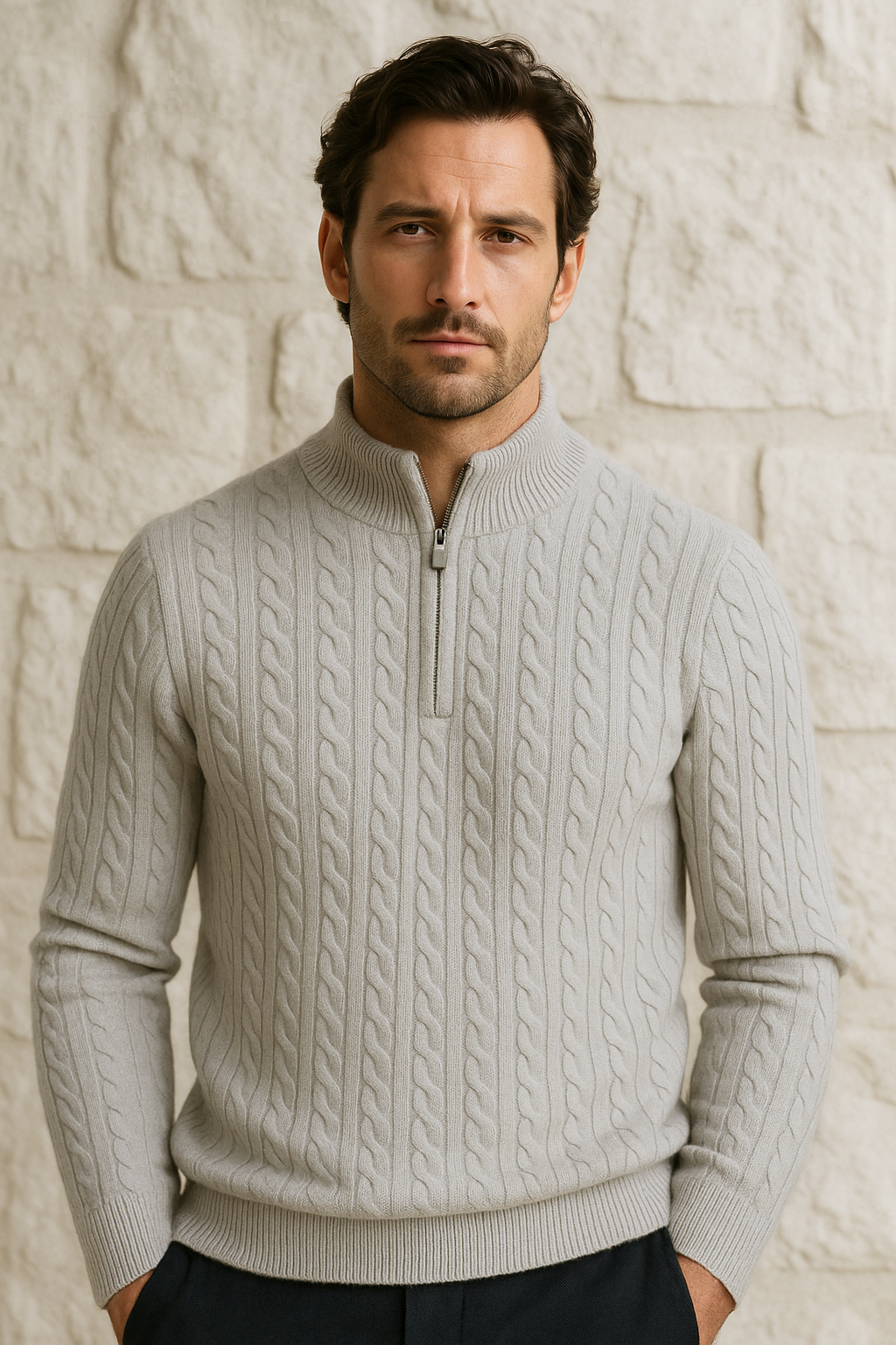 Grey half-zip cashmere sweater by Emiral Couture with a soft knit texture and elegant design.
