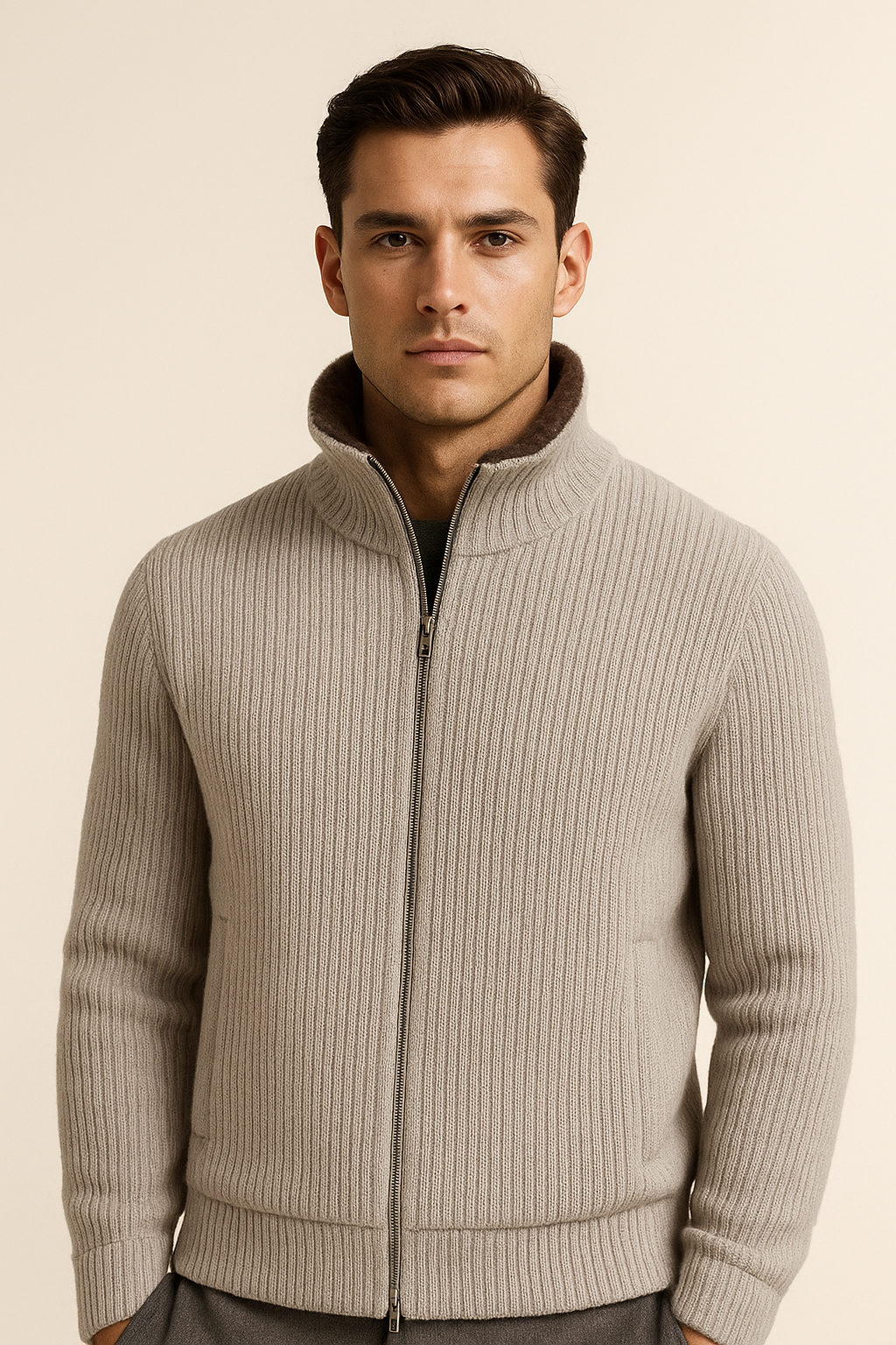 Emiral Couture grey wool blouson cardigan featuring a relaxed fit and elegant design.