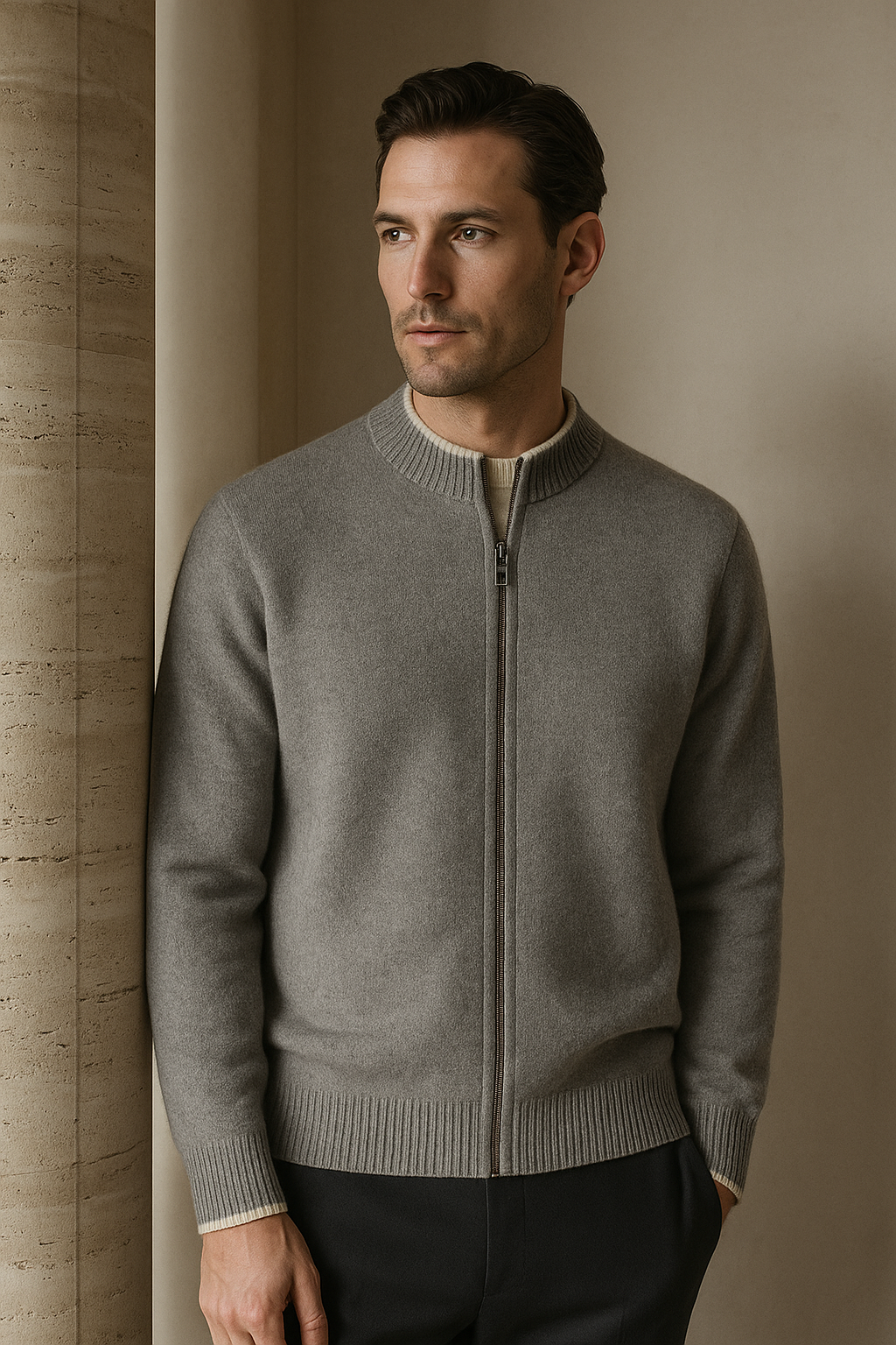 Model wearing a grey Leonardo Zip Cardigan by Emiral Couture, featuring a sleek design and soft merino wool texture.