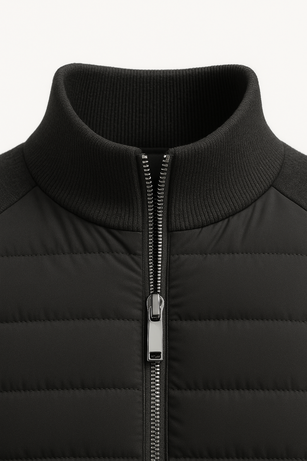Emiral Couture black Sorrento wool padded jacket with a sleek, modern design and stylish hybrid detailing.