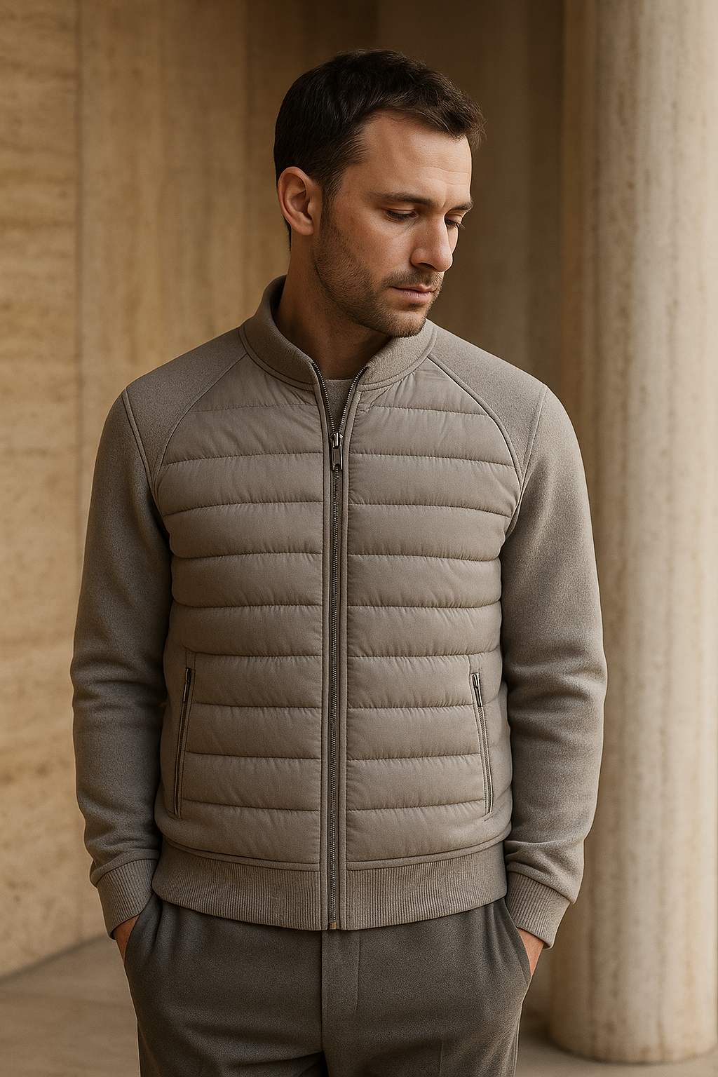 Emiral Couture grey Sorrento wool padded jacket with a stylish bomber design and a comfortable fit.