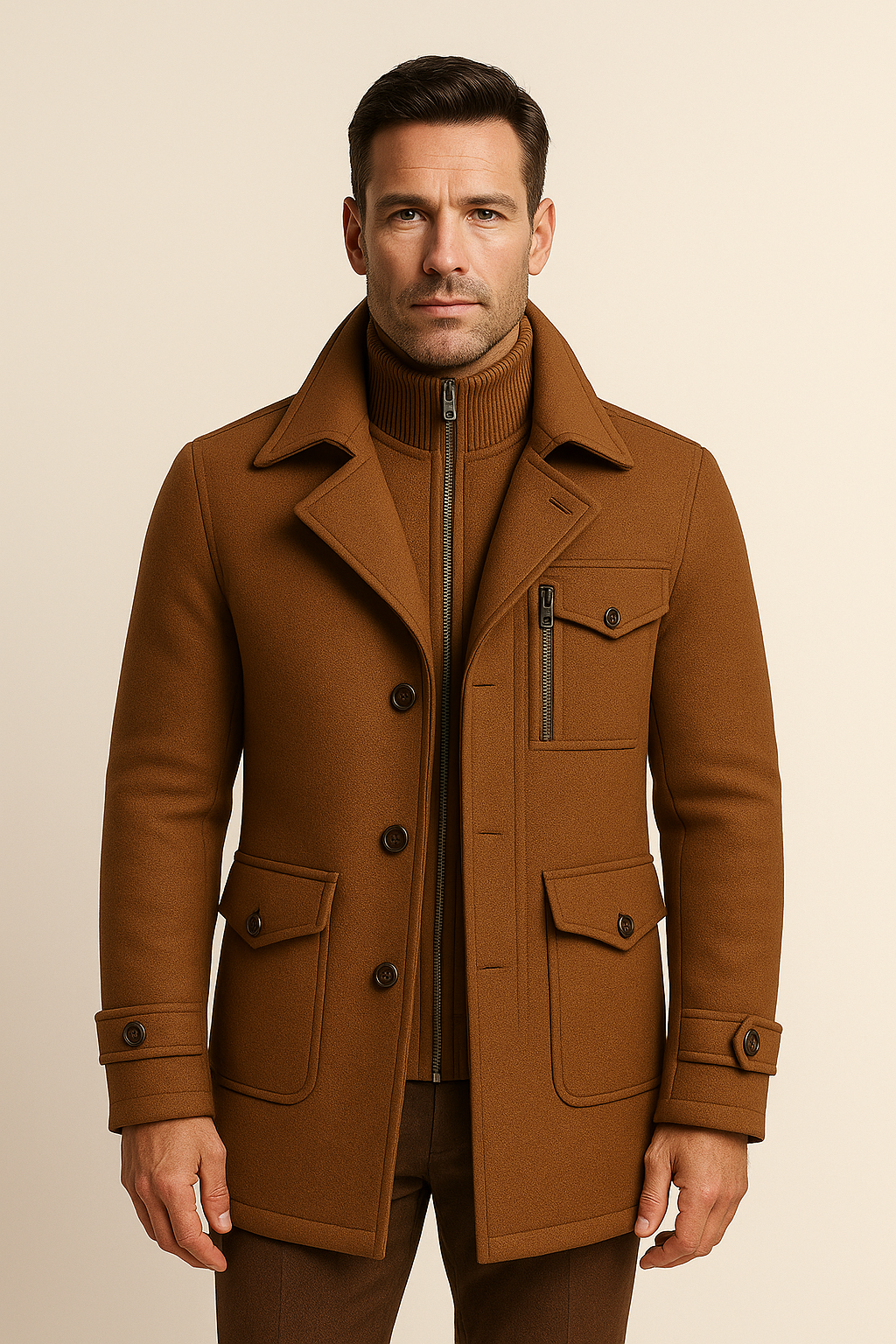Emiral Couture heavyweight orange long coat with a stylish design, featuring a classic field coat silhouette.