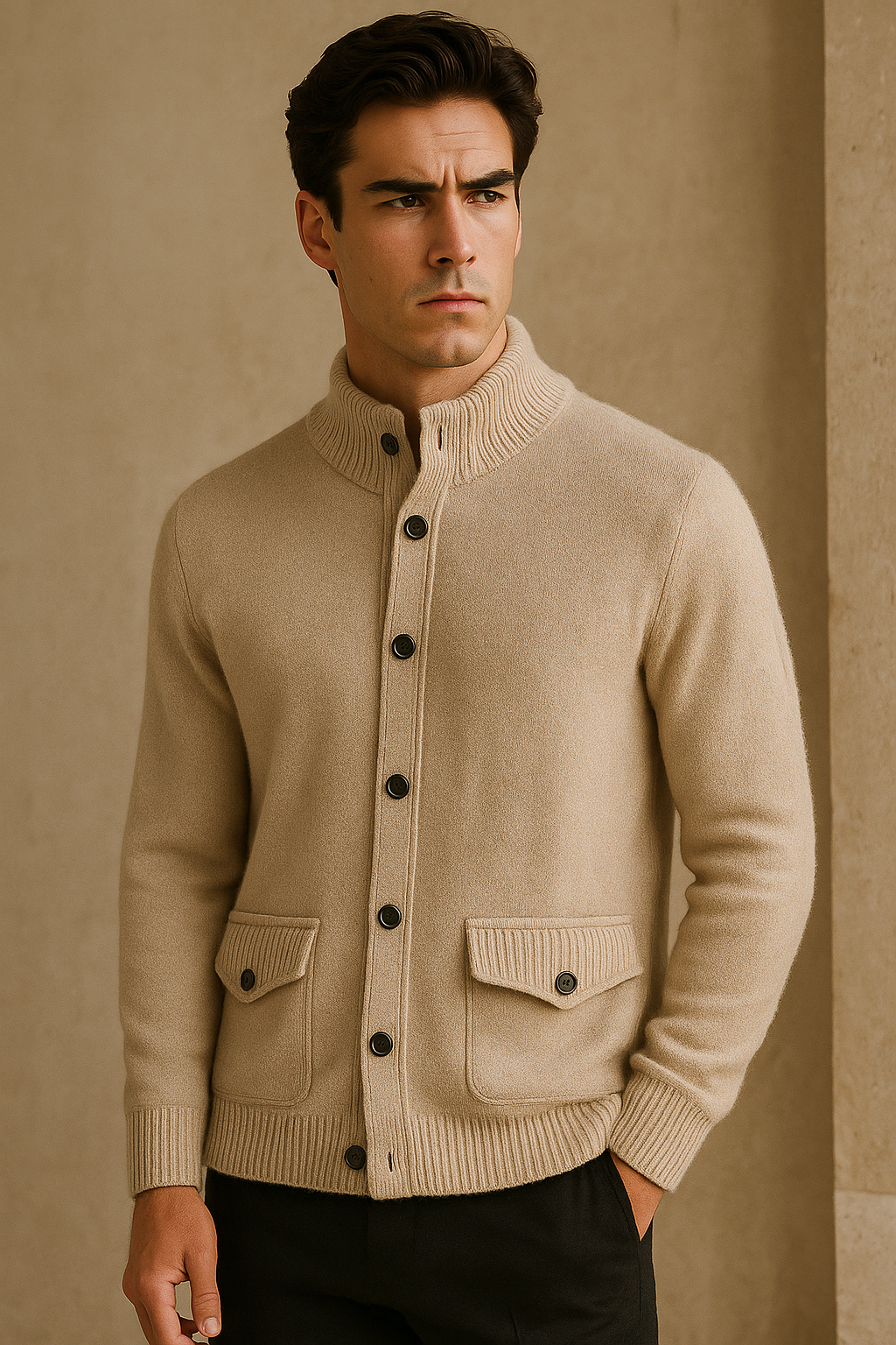 Emiral Couture Giotto cashmere cardigan in sand, featuring a relaxed fit and soft texture in a cozy lifestyle setting.