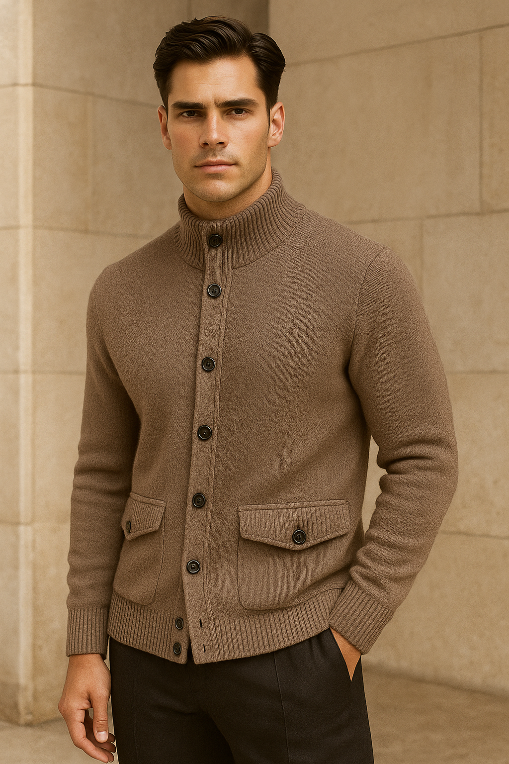 Mocha Giotto cashmere cardigan by Emiral Couture, featuring a cozy design and elegant fit, displayed on a model.