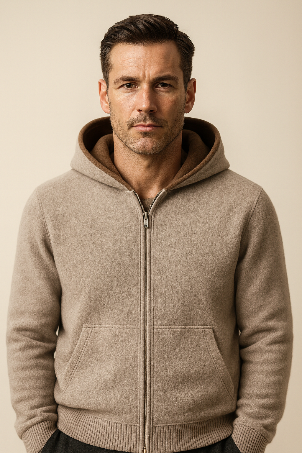 Emiral Couture reversible cashmere hoodie in a stylish zip design with a cozy hood and textured knit detail.