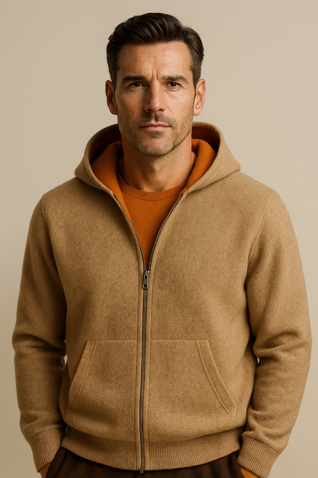 Reversible cashmere hoodie with a hood, featuring a zip front, by Emiral Couture in a soft, stylish design.