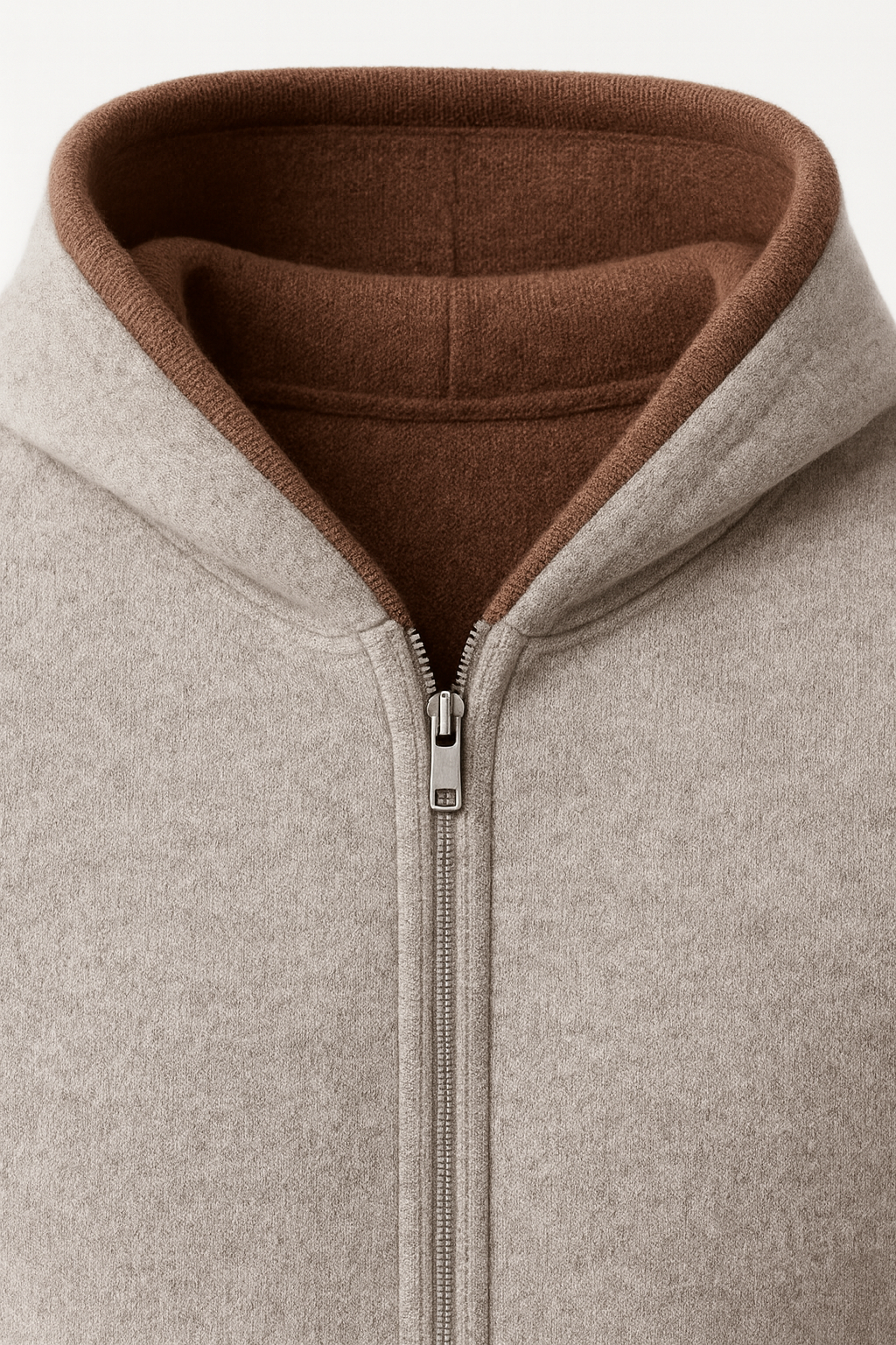 Reversible cashmere hoodie in gray by Emiral Couture, featuring a hood and zip closure for a stylish, cozy look.