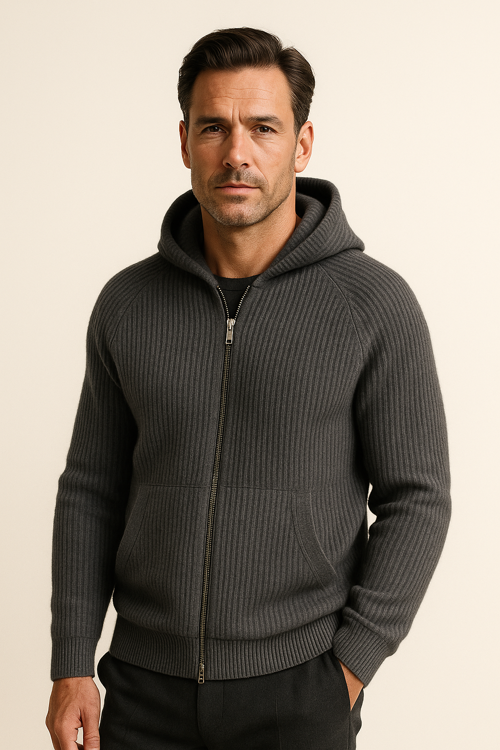 Dark grey hooded knit cardigan by Emiral Couture, featuring a cozy design and soft merino wool fabric.