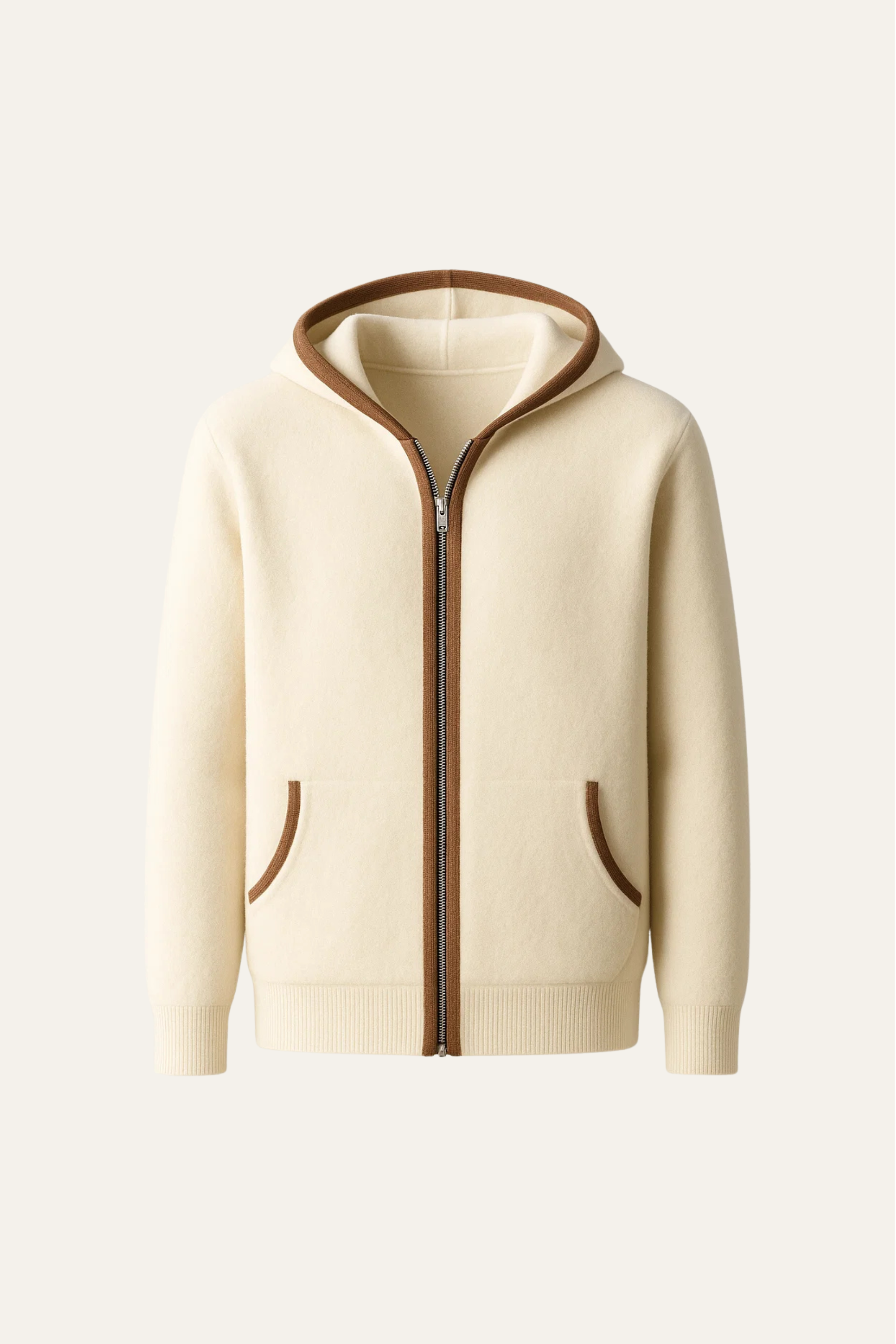 Cream hooded cardigan by Emiral Couture, featuring a cozy design and soft fabric, perfect for layering in cool weather.